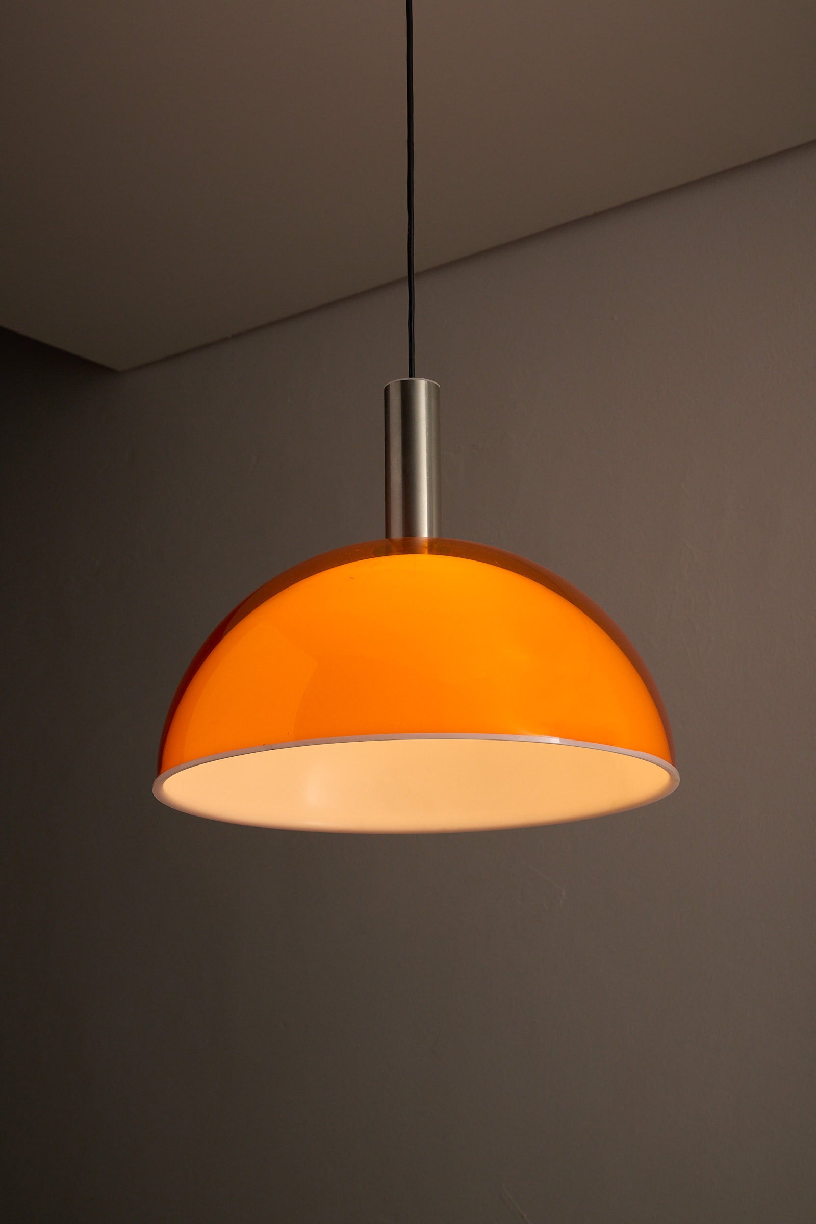 Ceiling Lamp with Double Acrylic Shade in Orange and White, featuring a domed orange shade and white diffuser for soft illumination.