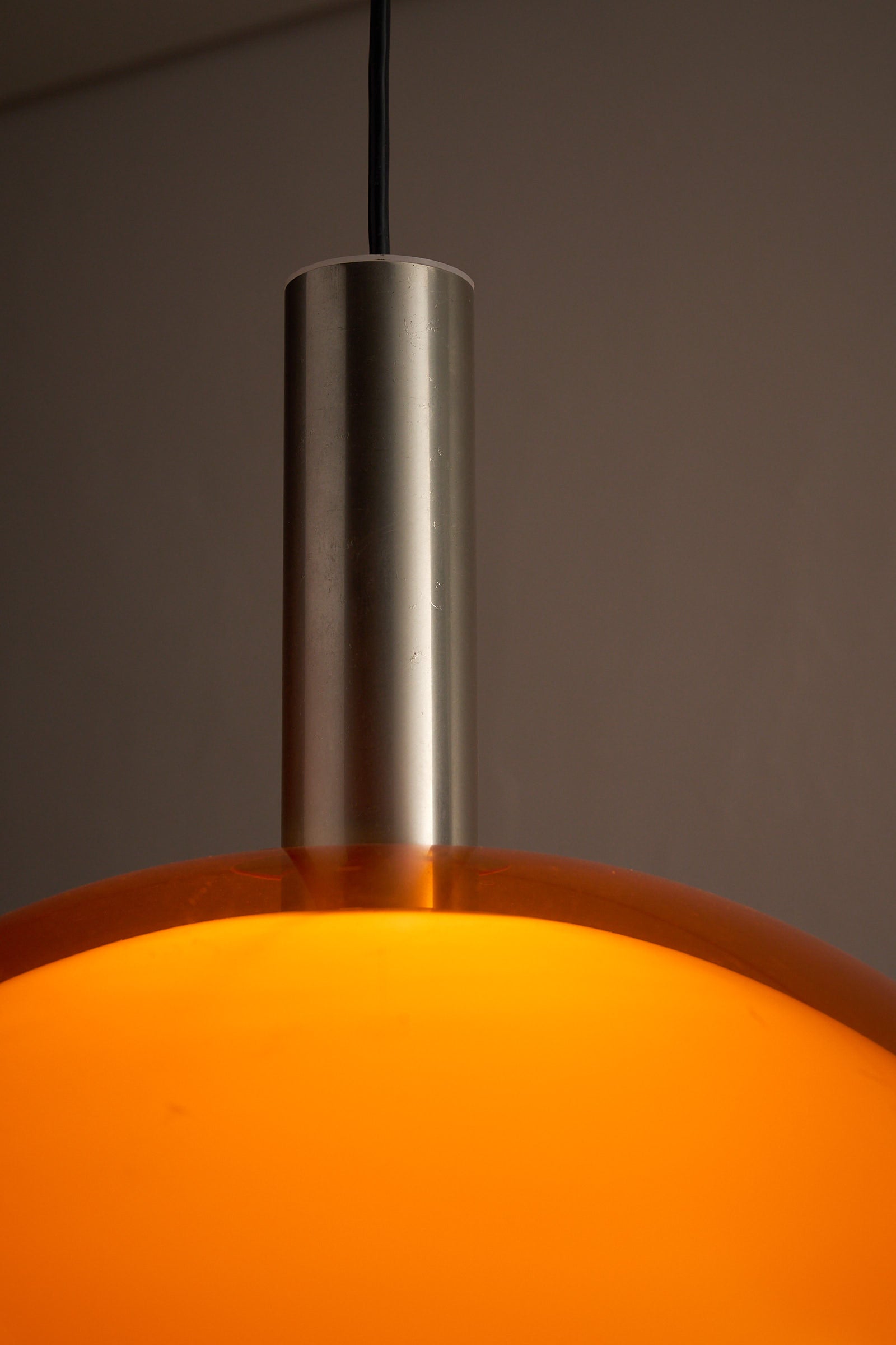 Ceiling Lamp with Double Acrylic Shade in Orange and White, featuring domed translucent orange shade and brushed metal socket.