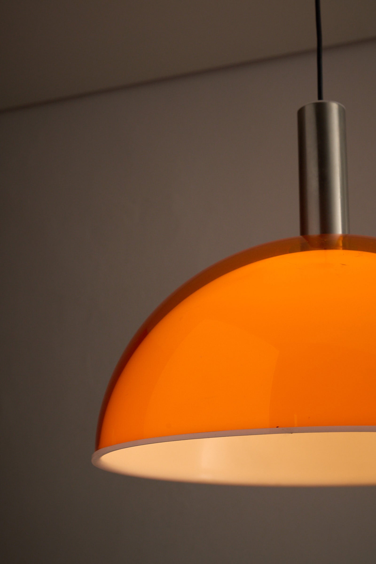 Ceiling Lamp with Double Acrylic Shade in Orange and White showcasing a vibrant orange dome shade and brushed metal socket.