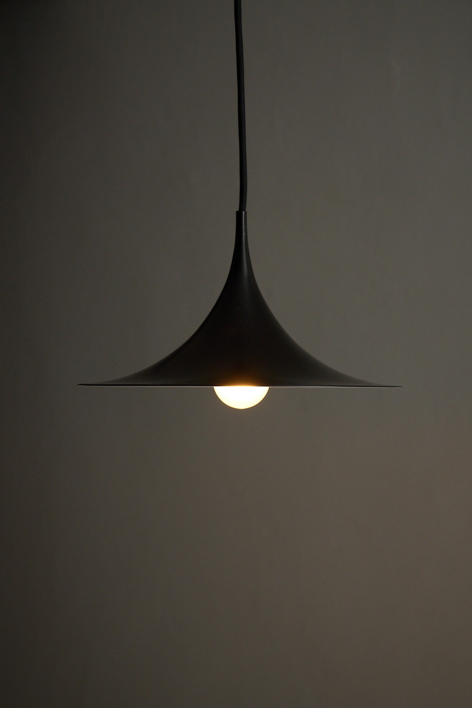 Small Fog & Mørup Black Semi Pendant Lamp with elegant organic shape and woven cord, perfect for modern lighting.