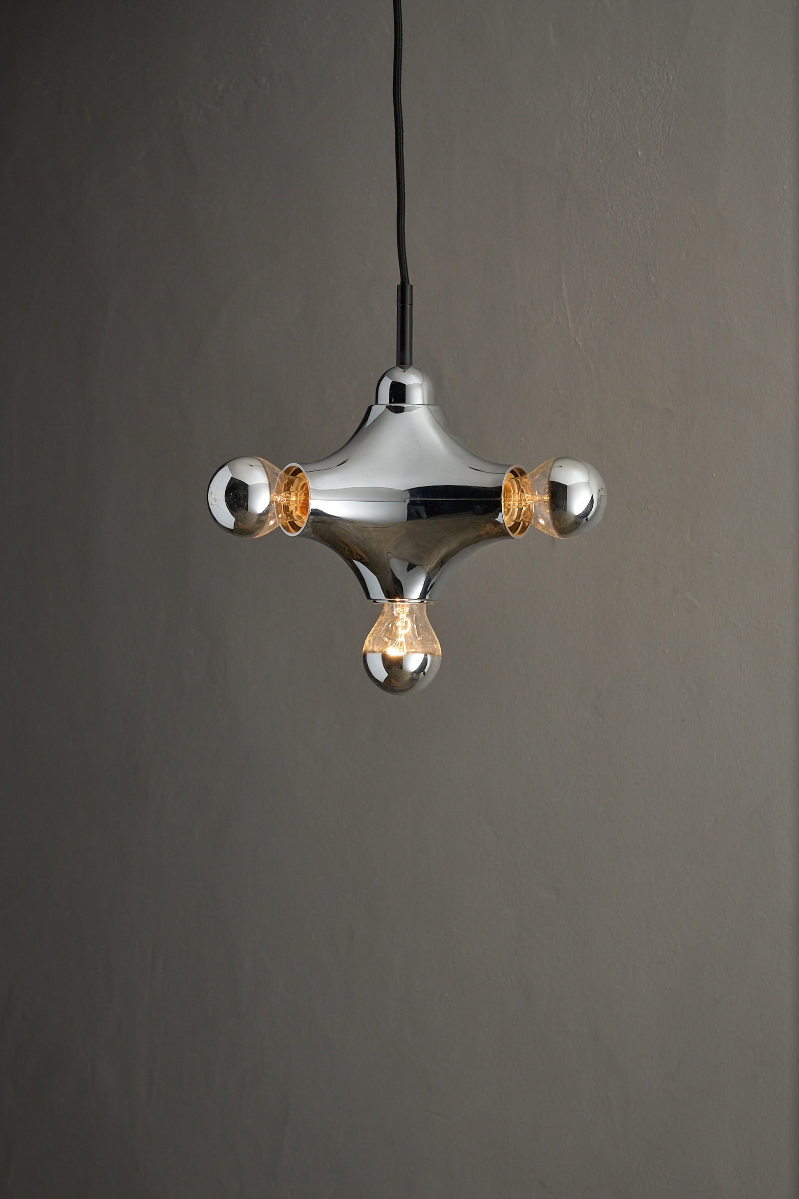 Rare Cosack 'Gemini' Space Age Chrome Pendant Lamp above a neutral background.