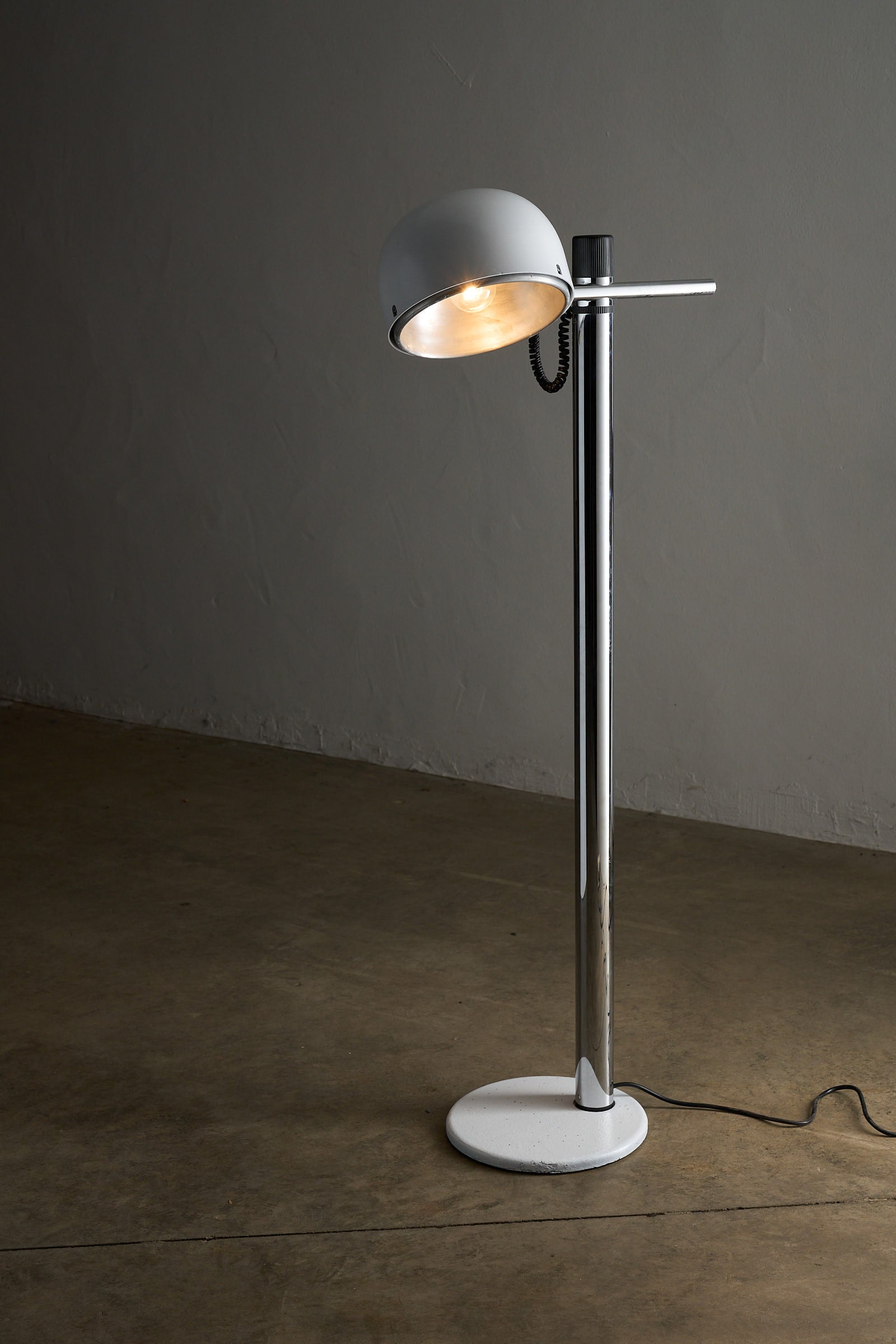 Chrome&White Floor Lamp by Enrique Franch for Metalarte Spain showcasing its sculptural design and adjustable shade.