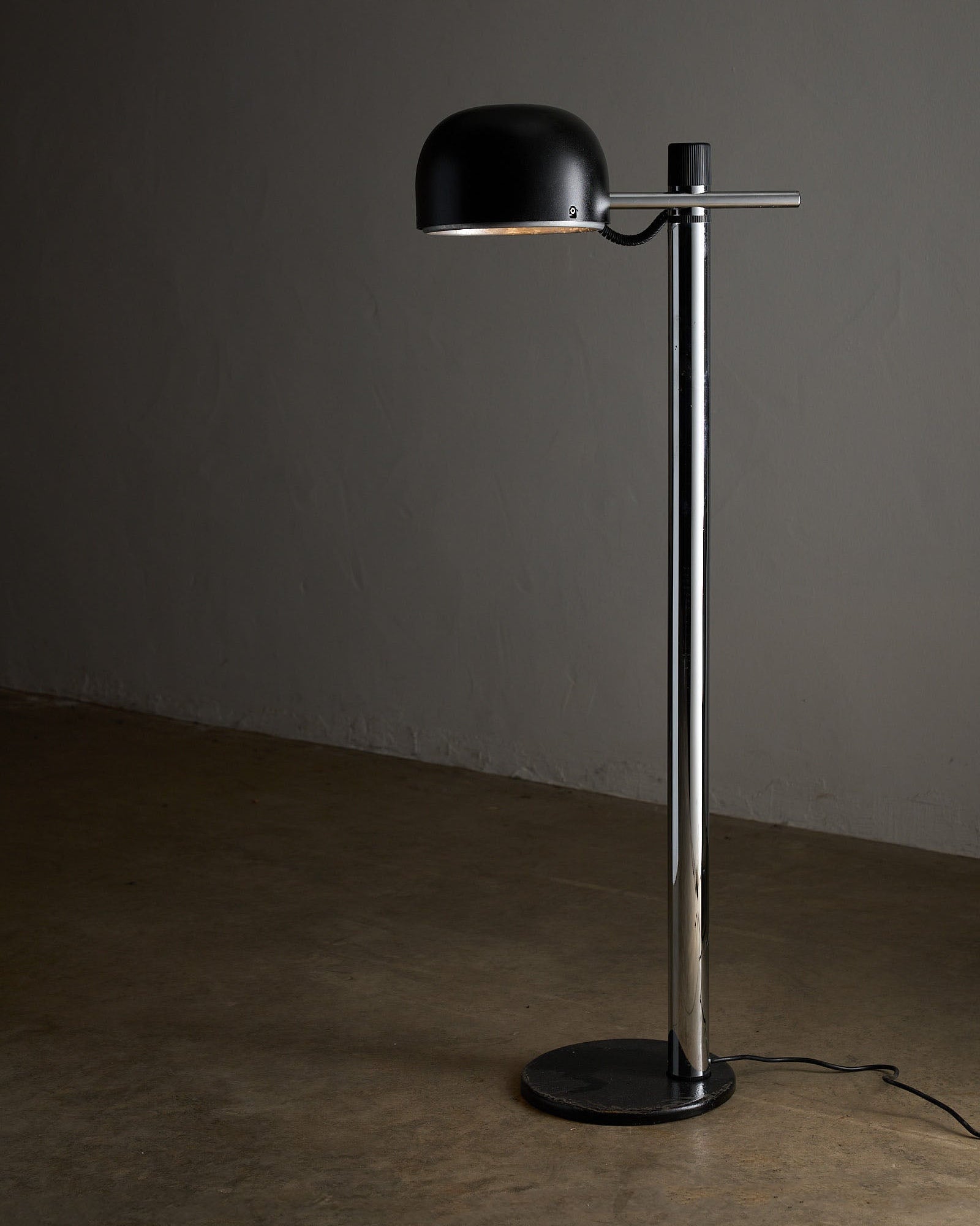 Chrome&Black Floor Lamp By Enrique Franch for Metalarte Spain featuring a sleek chrome column and black hemispherical shade.