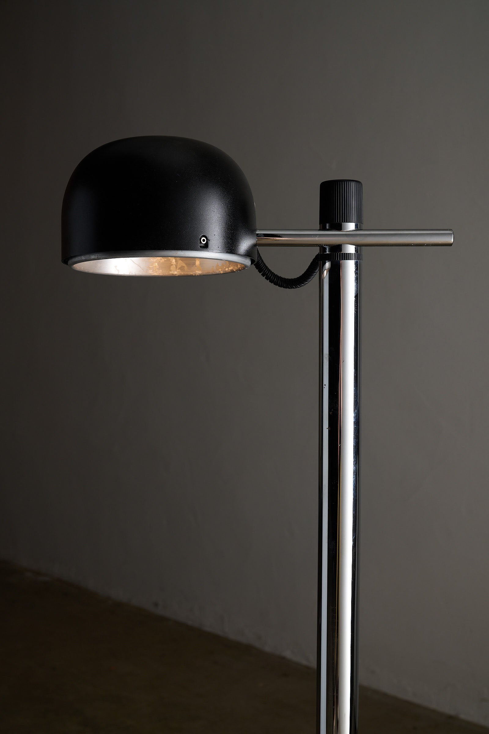 Chrome&Black Floor Lamp By Enrique Franch for Metalarte Spain with adjustable hemispherical shade and chrome tubular column.
