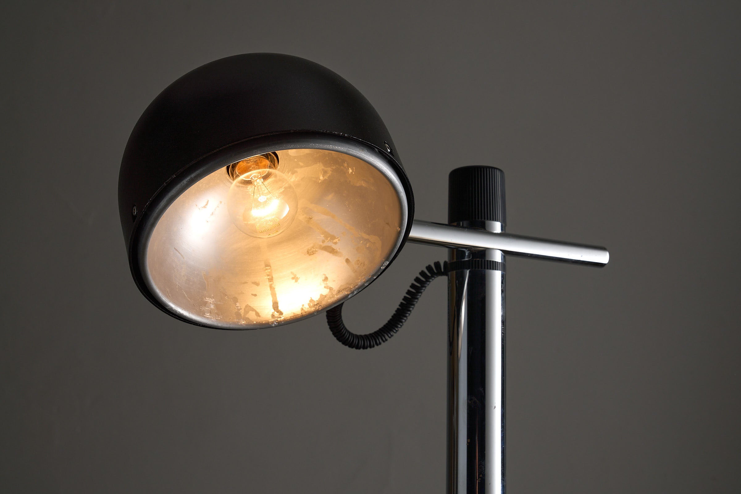 Chrome&Black Floor Lamp By Enrique Franch for Metalarte Spain with adjustable hemispherical shade and chrome design.