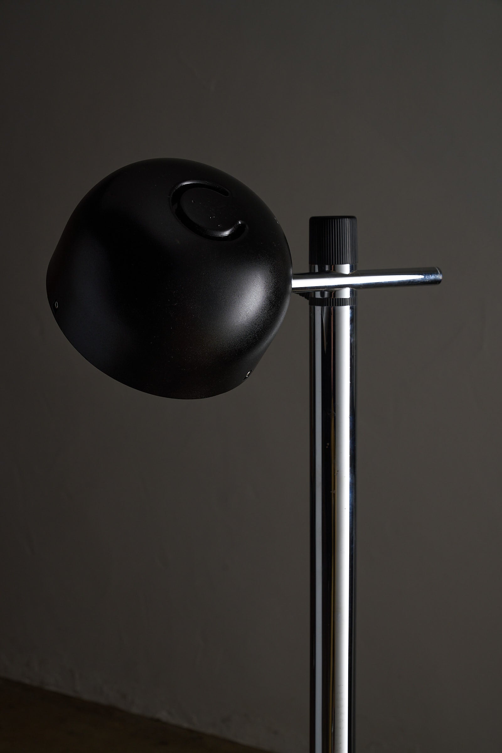 Chrome&Black Floor Lamp By Enrique Franch for Metalarte Spain featuring a black hemispherical shade and chrome column.