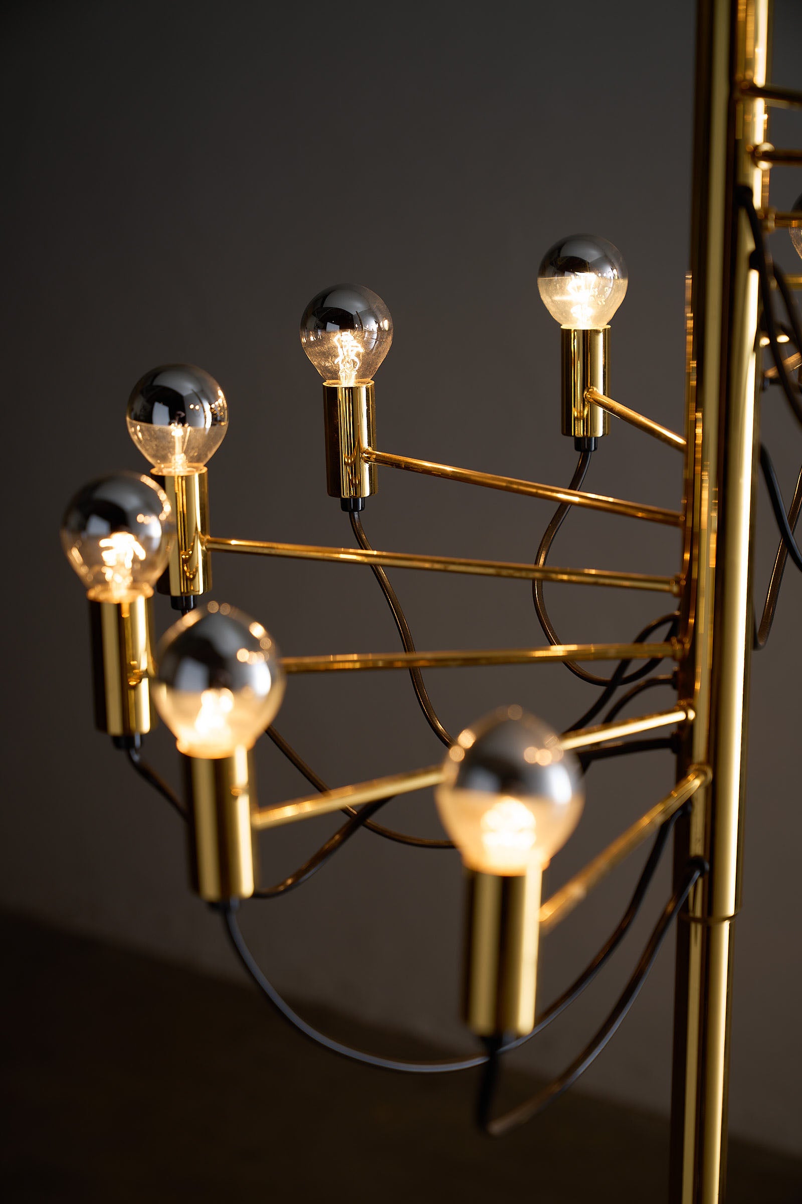 Large Sculptural Floor Lamp Executed in the design language of Gino Sarfatti with polished brass and radial light arms.