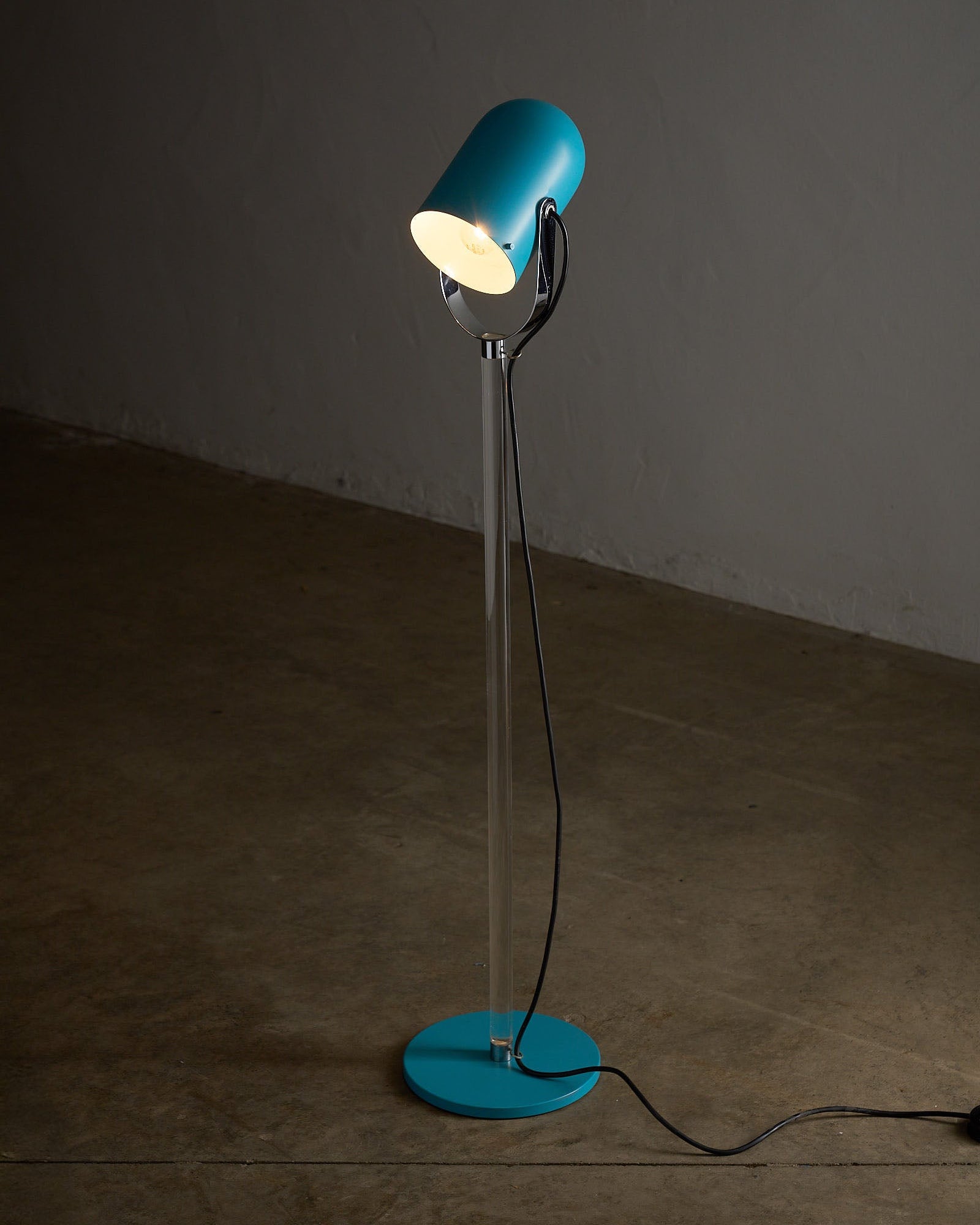 Turquoise Floor Lamp with Plexi Stem by Cosack, featuring a metal shade and clear plexiglass stem.