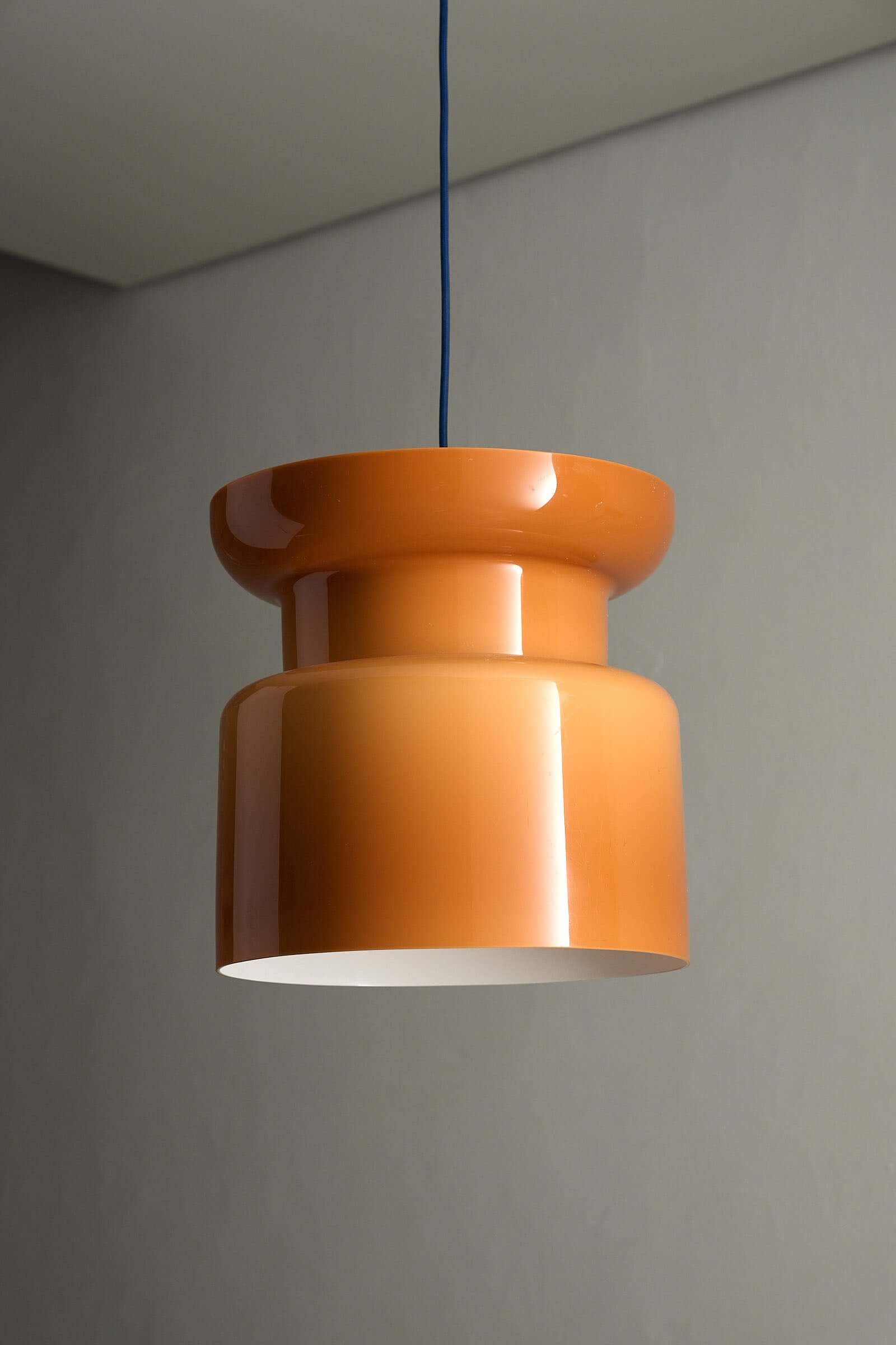 Translucent Orange Pendant with Dual Light Sources, large hourglass lamp in caramel glass, vintage Italian design.
