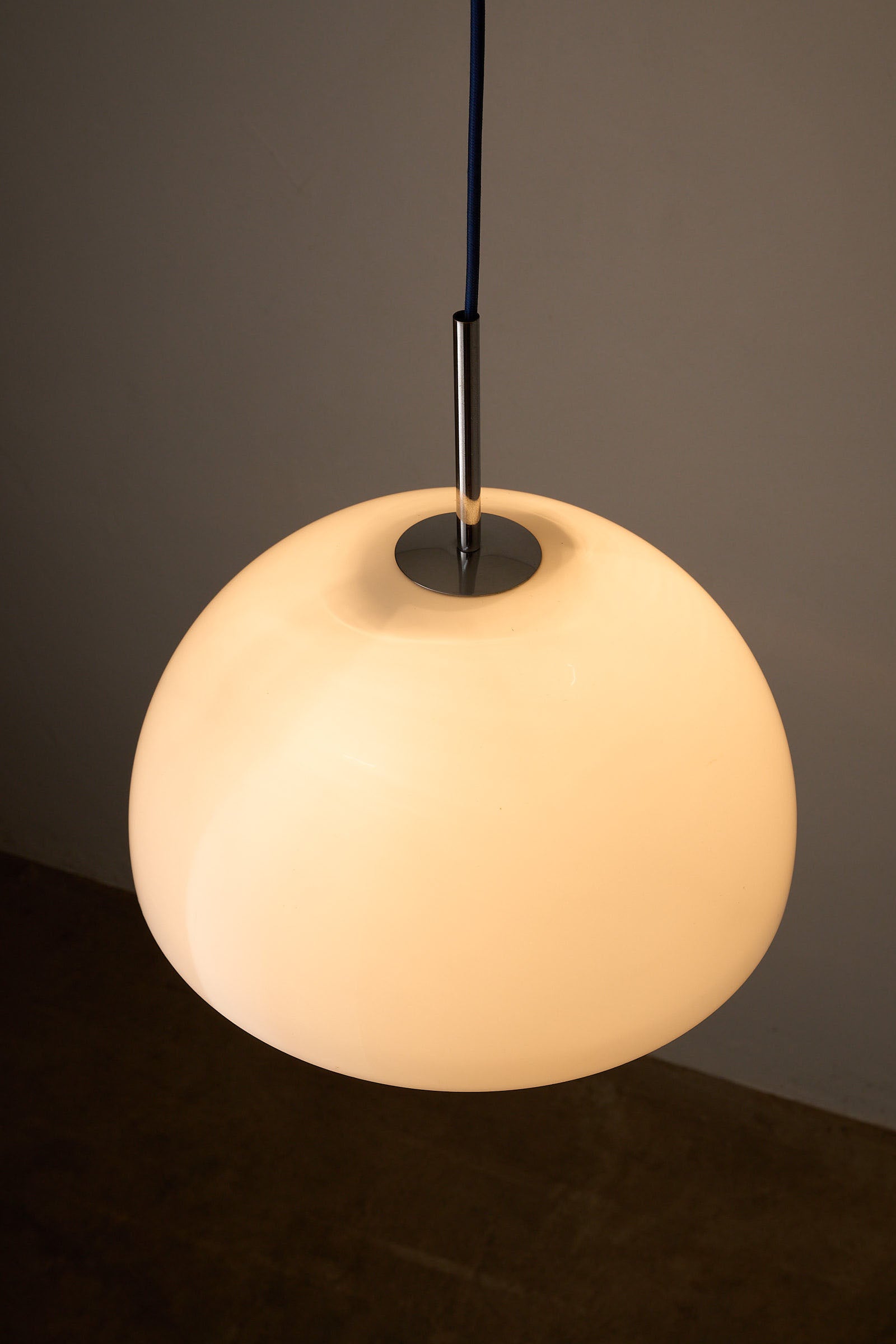 Wila Minimalist Semi-Sphere Pendant Lamp with Chrome Detail, sleek opal dome shade and slender chrome tube.