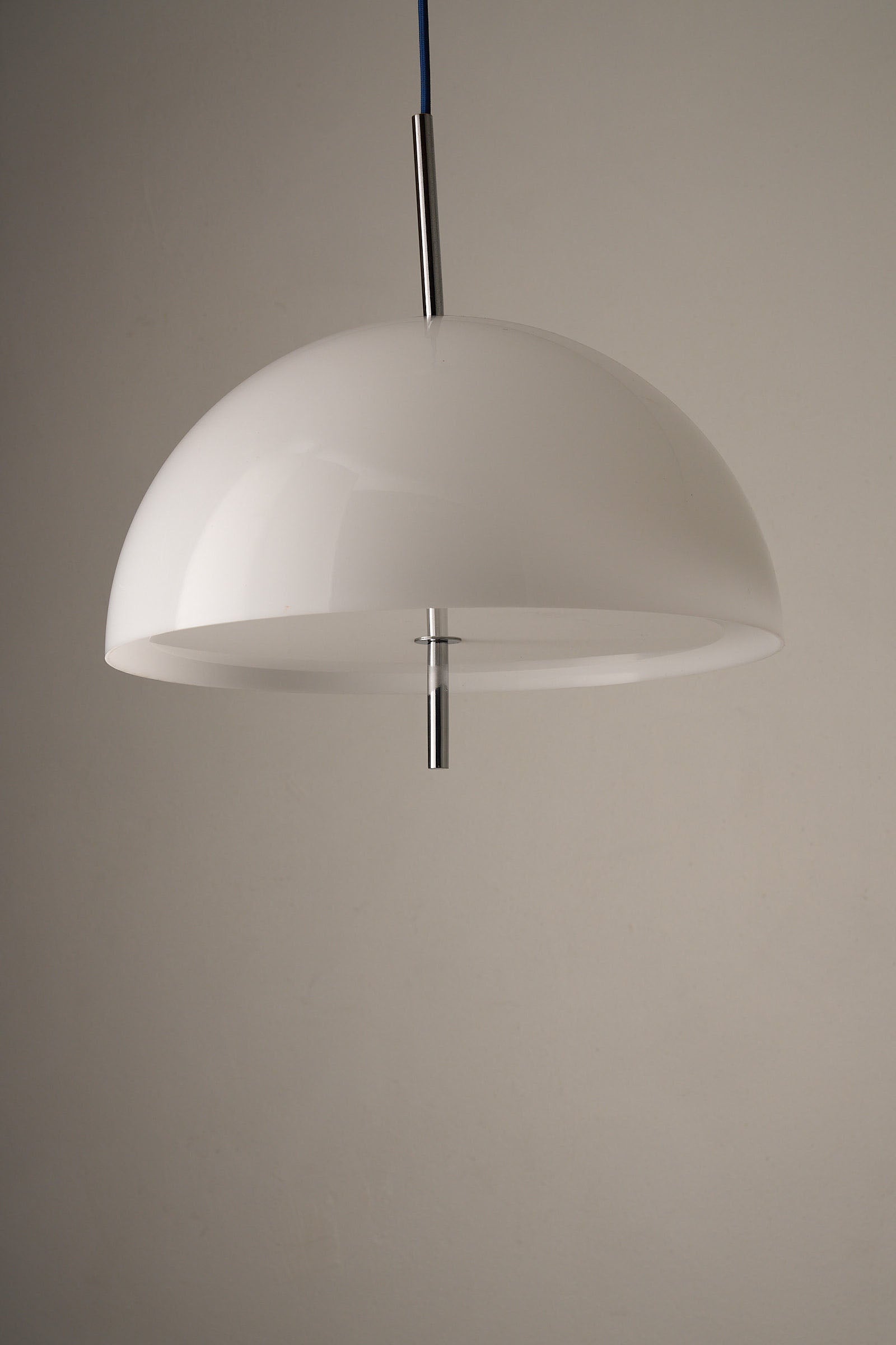 Wila Minimalist Semi-Sphere Pendant Lamp with Chrome Detail, featuring a smooth opal Plexiglass dome shade.