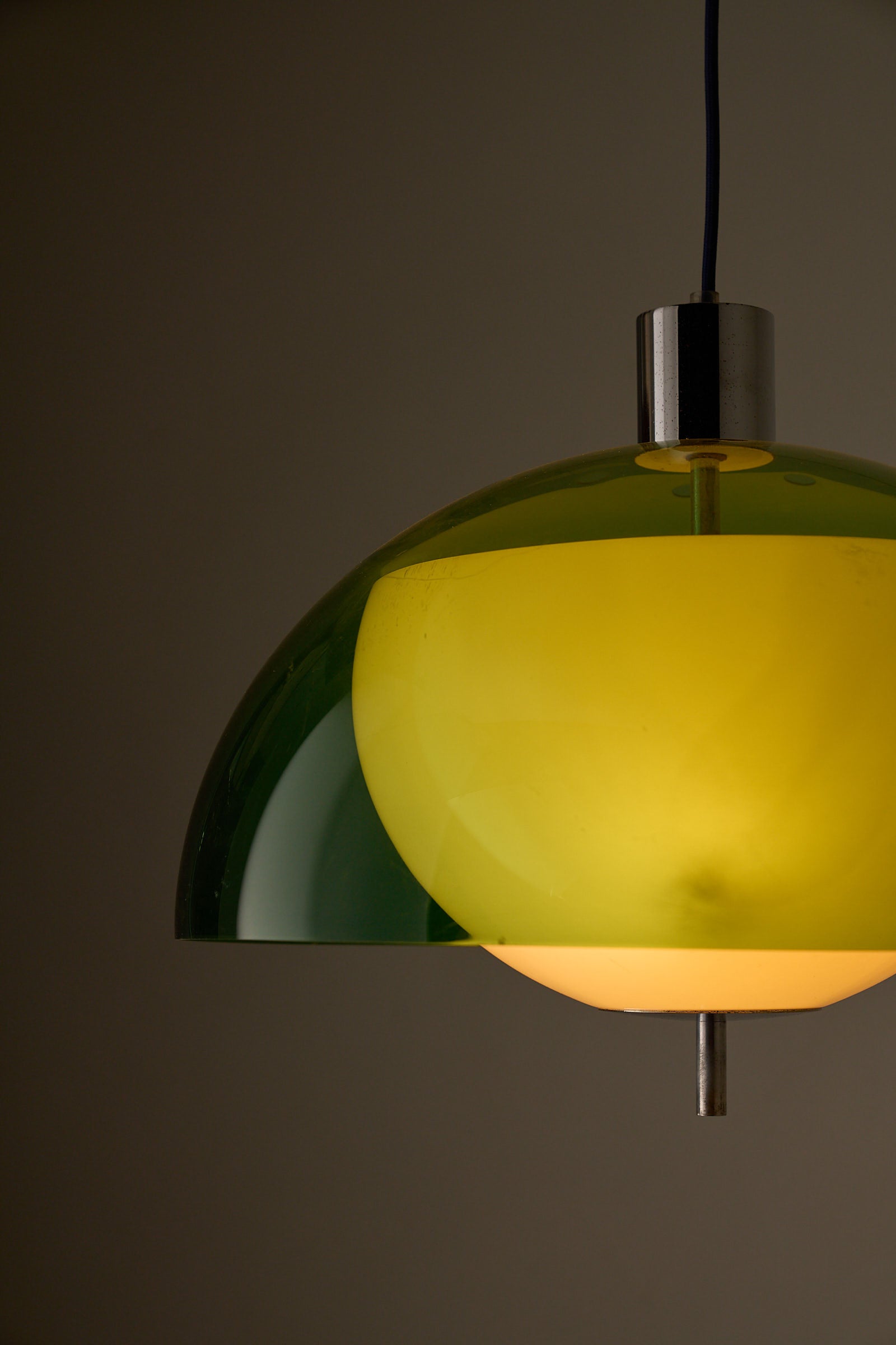 Space Age Layered Plexiglass Pendant in Green and White hanging lamp with layered acrylic shades.