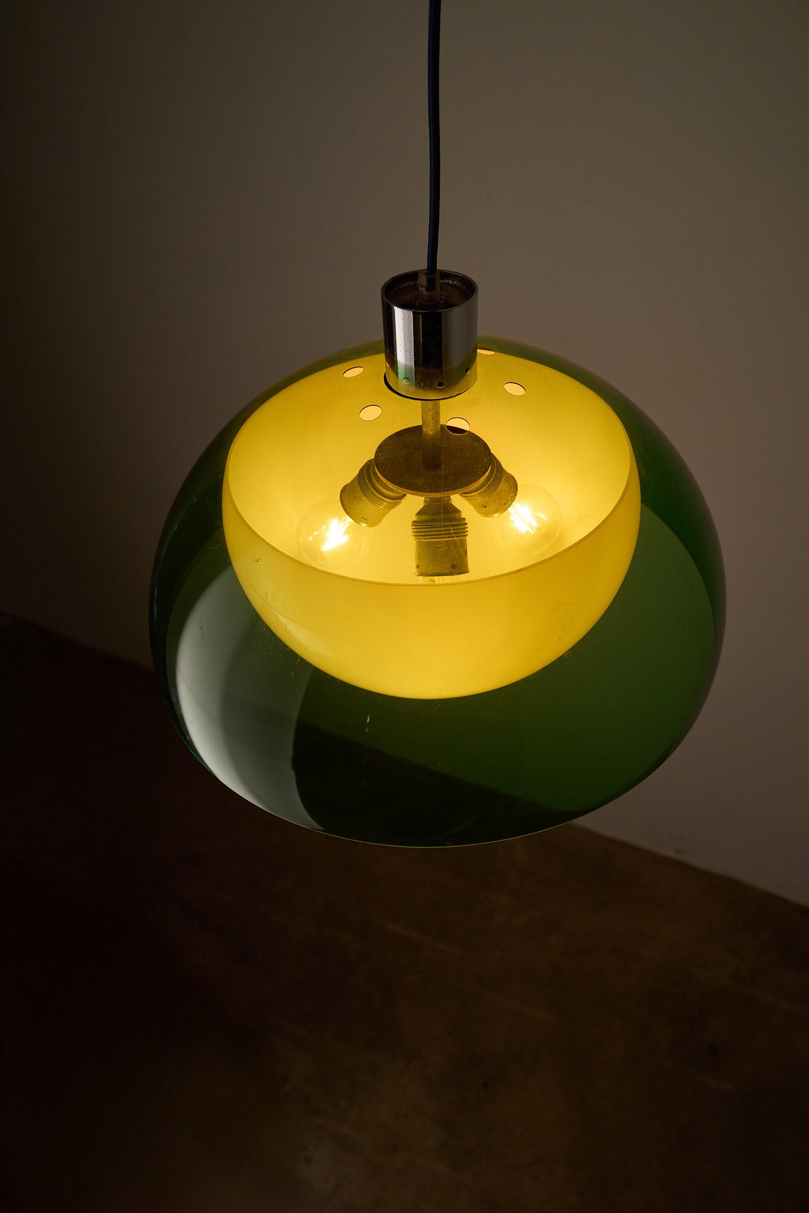 Space Age Layered Plexiglass Pendant in Green and White hanging lamp featuring multi-colored shades.
