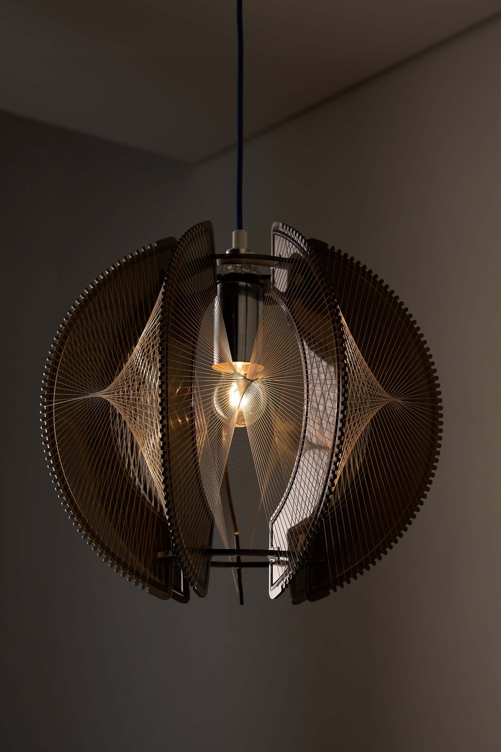 Paul Secon String Art Pendant Lamp featuring interlocking smoked acrylic and nylon strings.