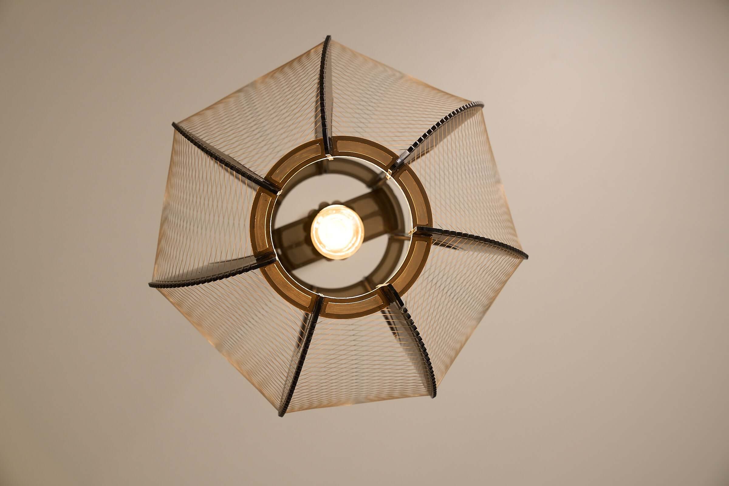 Paul Secon String Art Pendant Lamp viewed from above, showcasing its intricate design and unique nylon string structure.