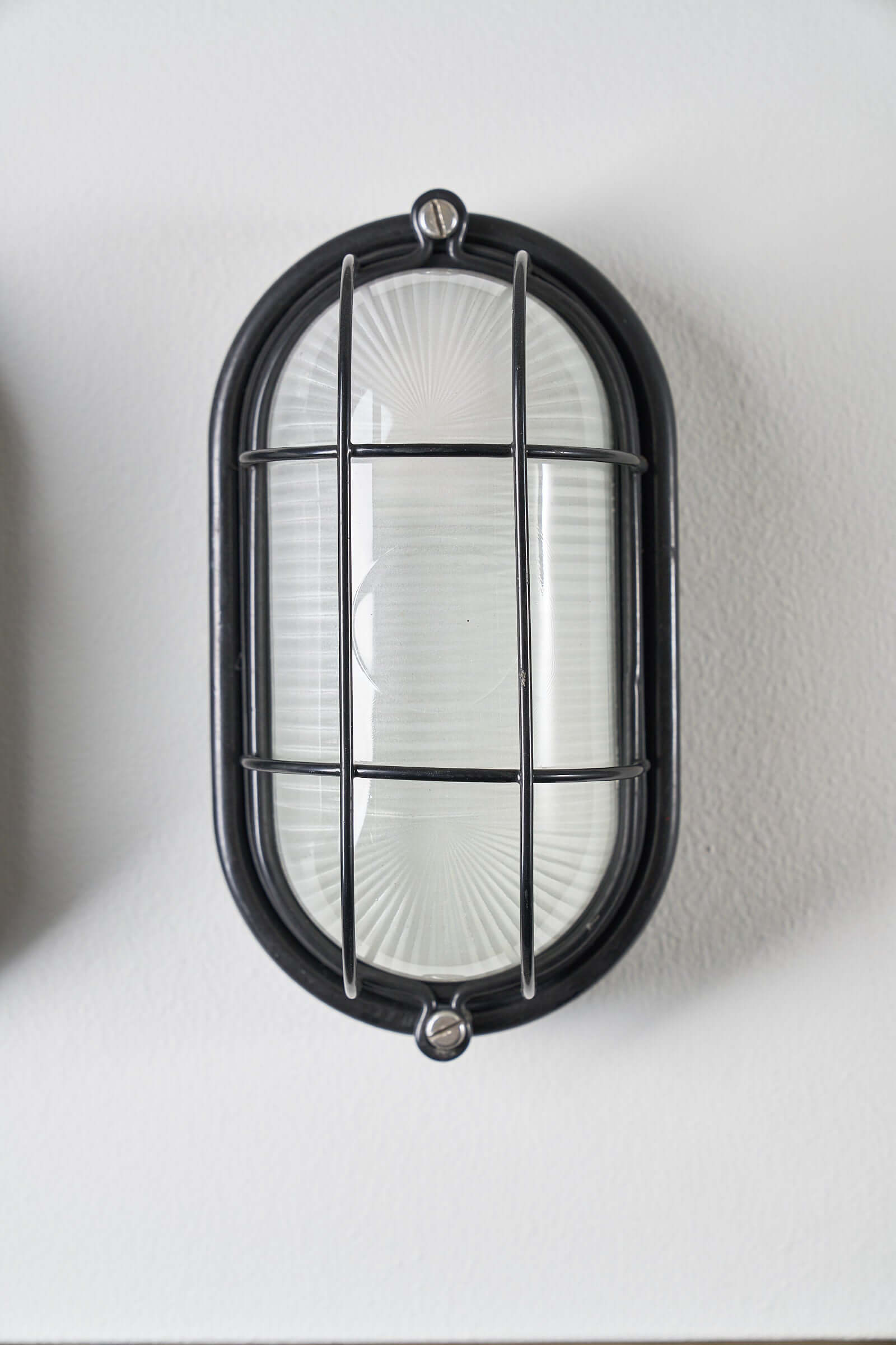 Set of 2 Black Flush-Mount Oval Cage Lamp featuring a black enameled body and glass diffuser.