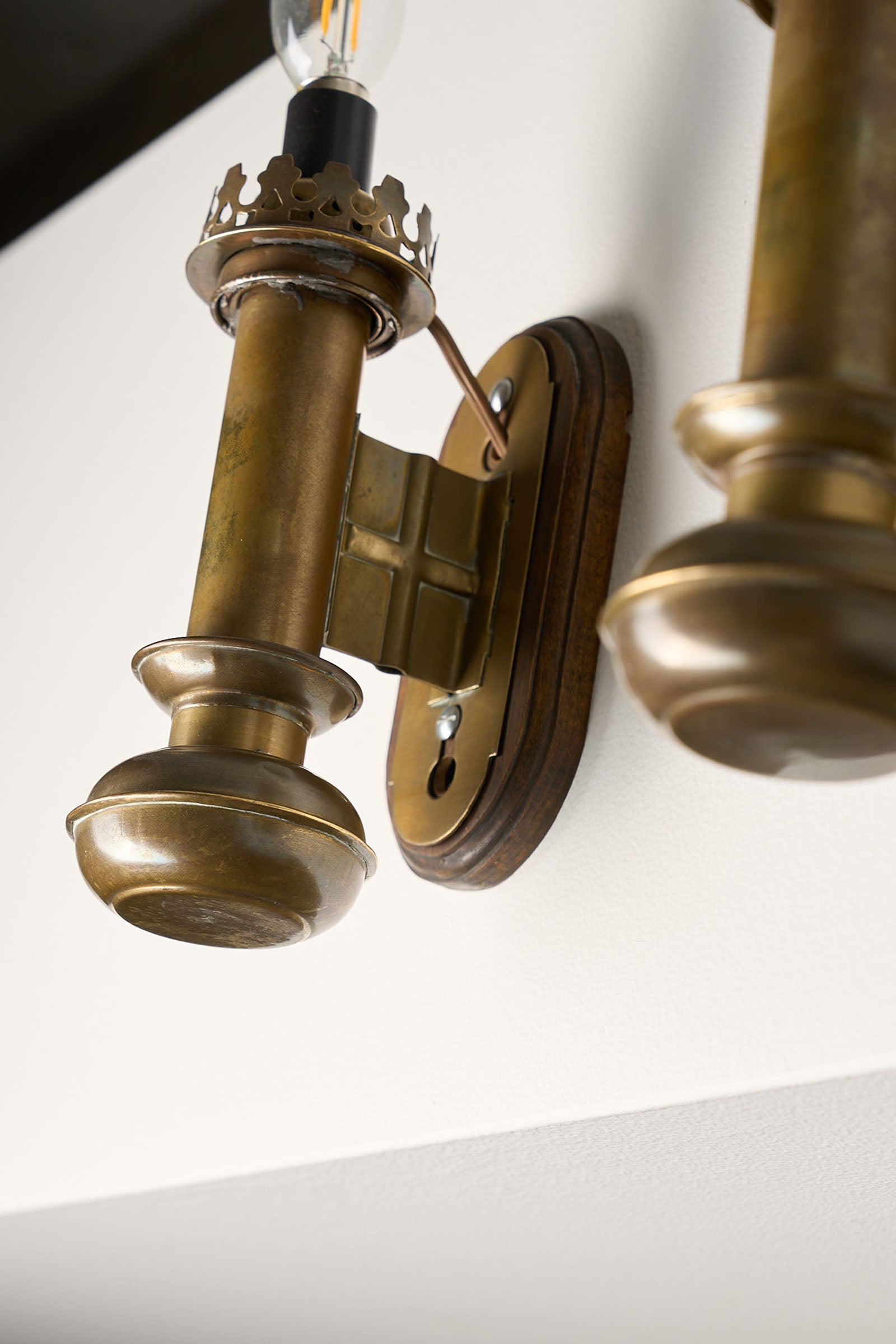 Pair Of Brass And Wood Wall Sconces With Crown Gallery detail shot, showcasing neoclassical design and wall mount.