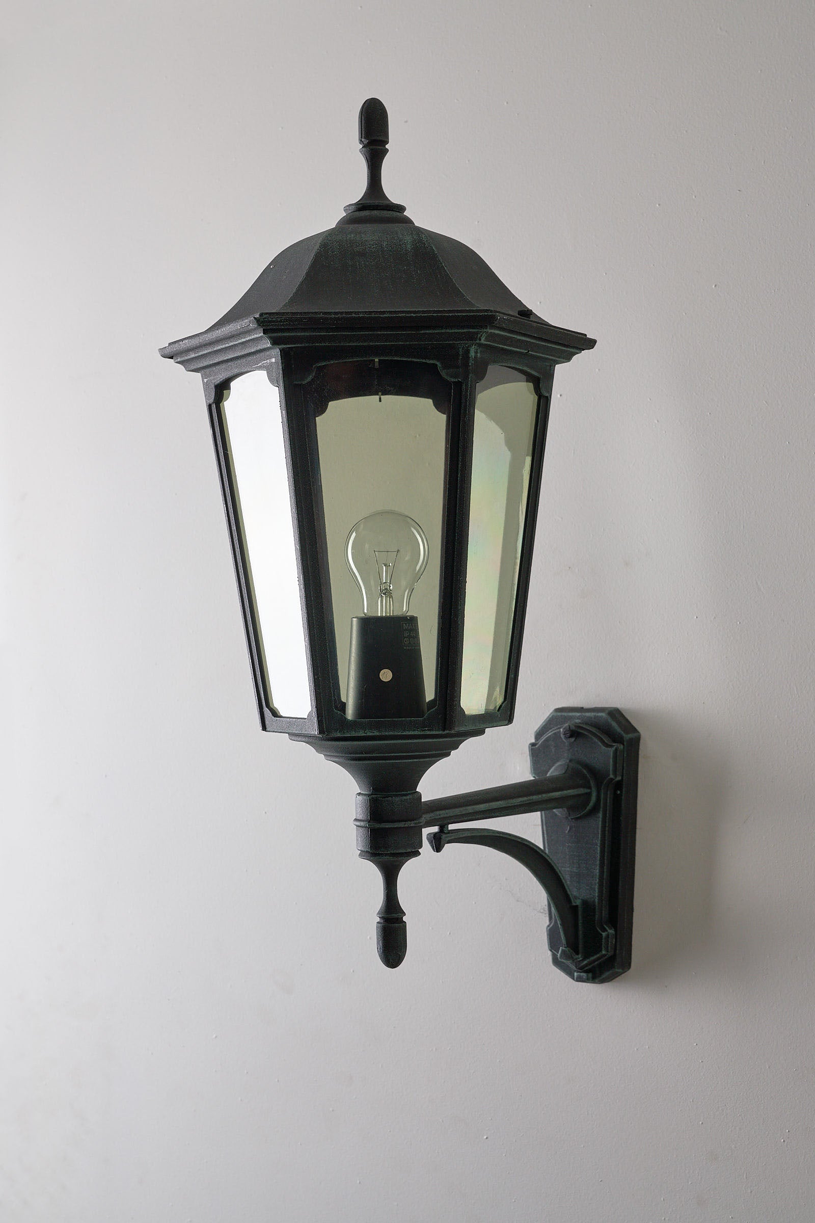 Large Traditional Outdoor Wall Lantern by Noral, 70cm height in dark patina with clear glass panes.