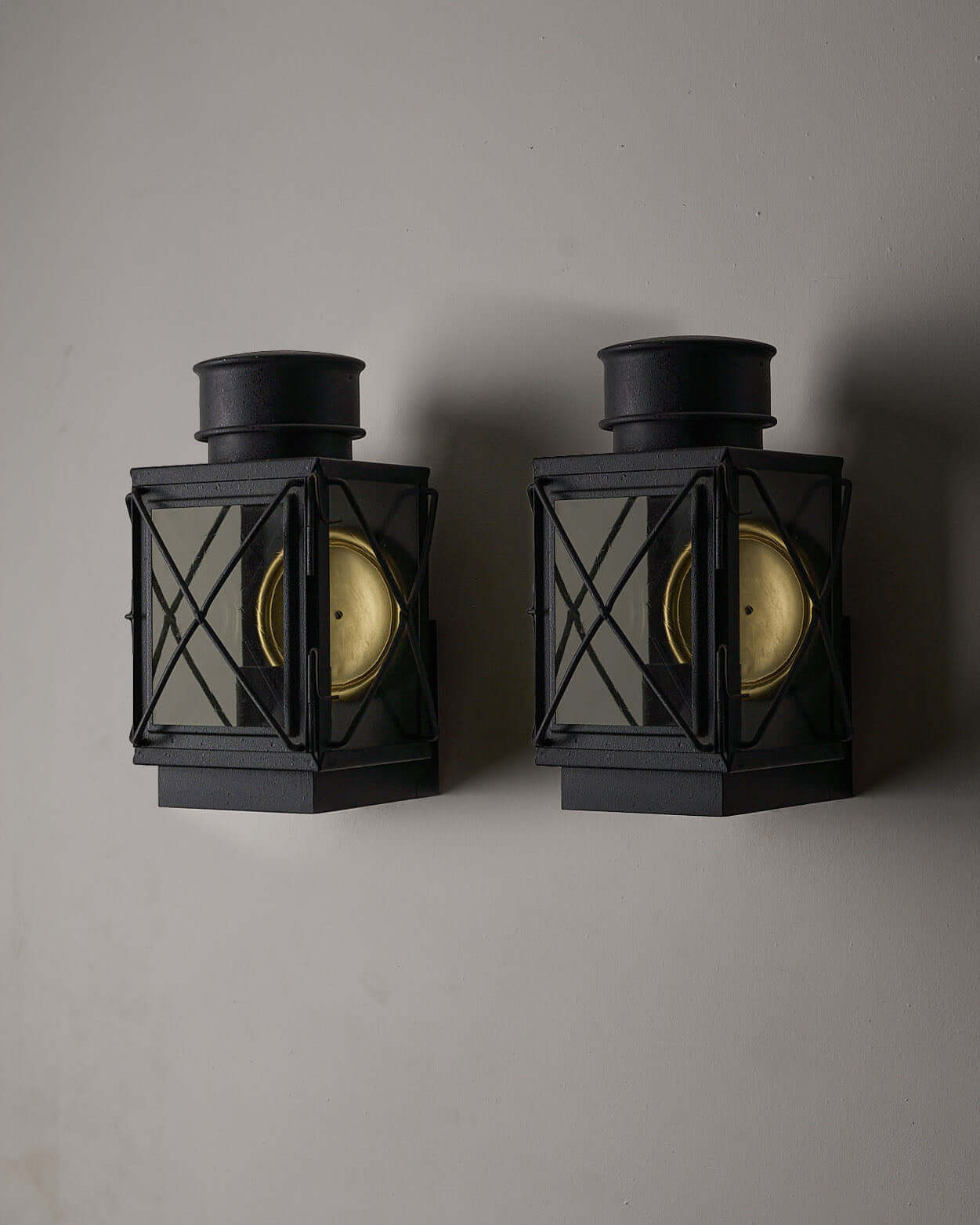 Set of Caged Lantern Wall Lamps by Bega Boom, outdoor lamp in nautical design with cast metal and gold reflector.