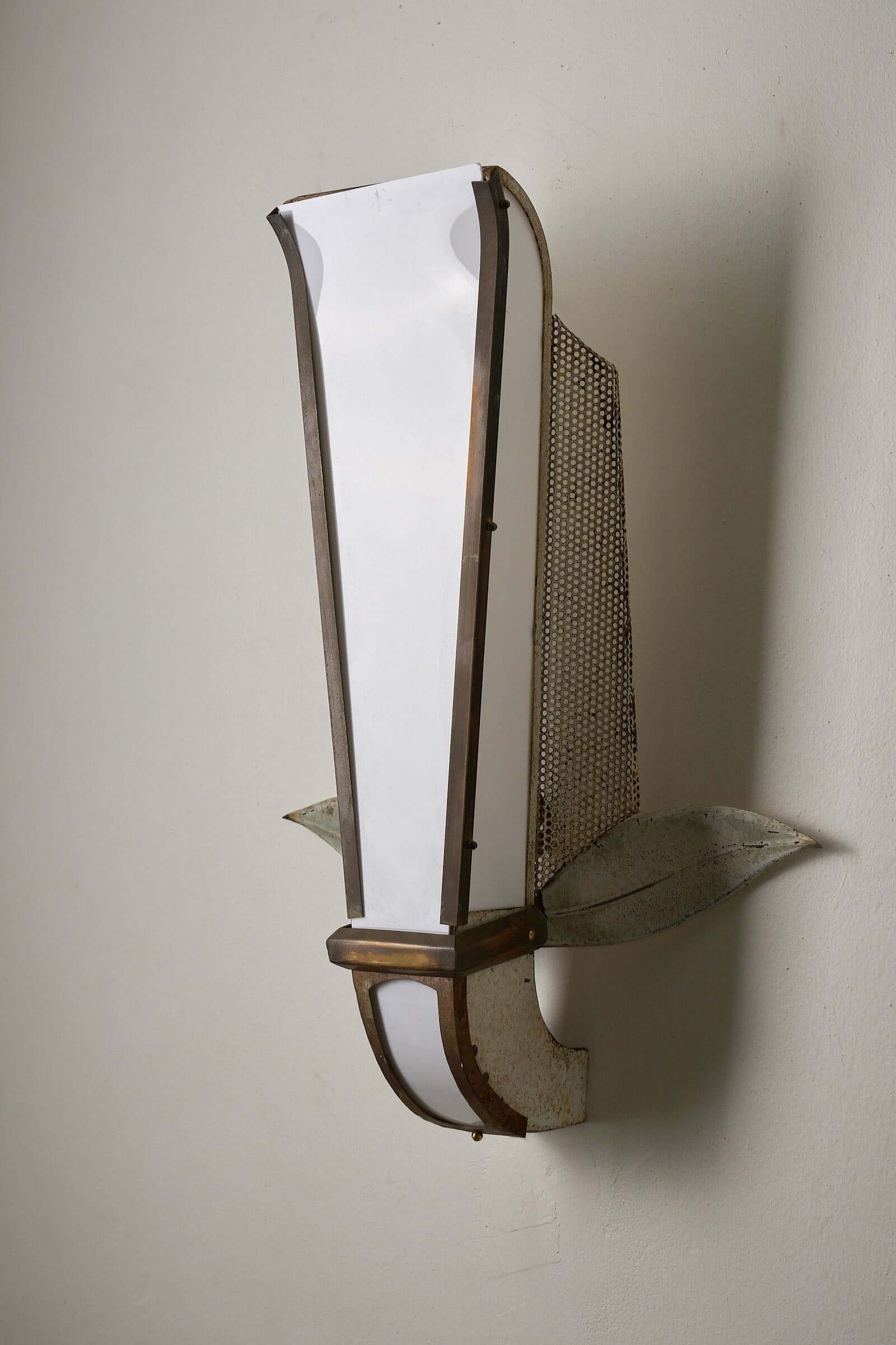 Grand Parisian Art Deco Wall Sconce featuring a tall diffuser and perforated metal design for dramatic flair.
