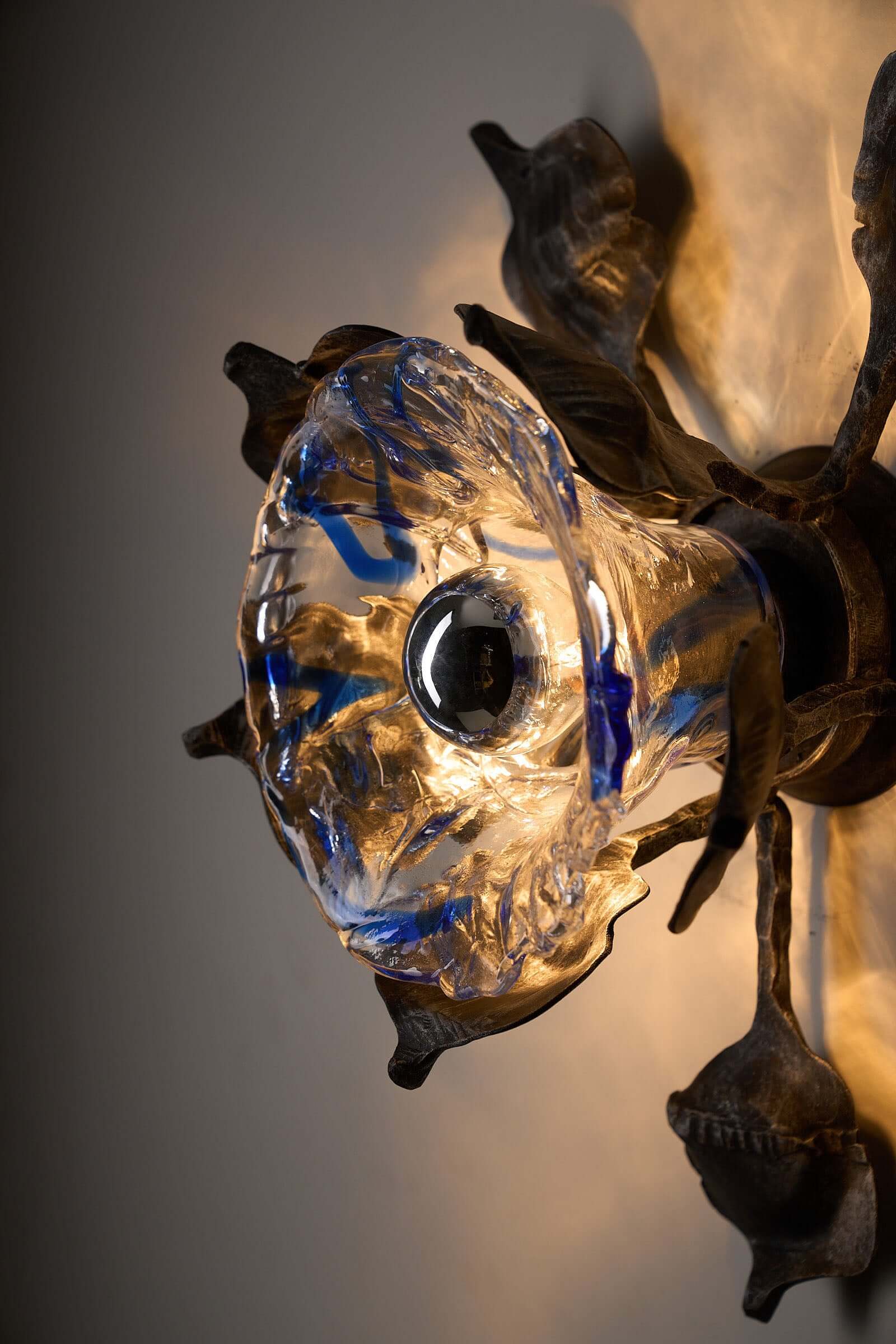 Brutalist Wall Sconce Cast Iron and Murano Glass by Ahlstrom & Ehrlich with blue Murano glass diffuser.