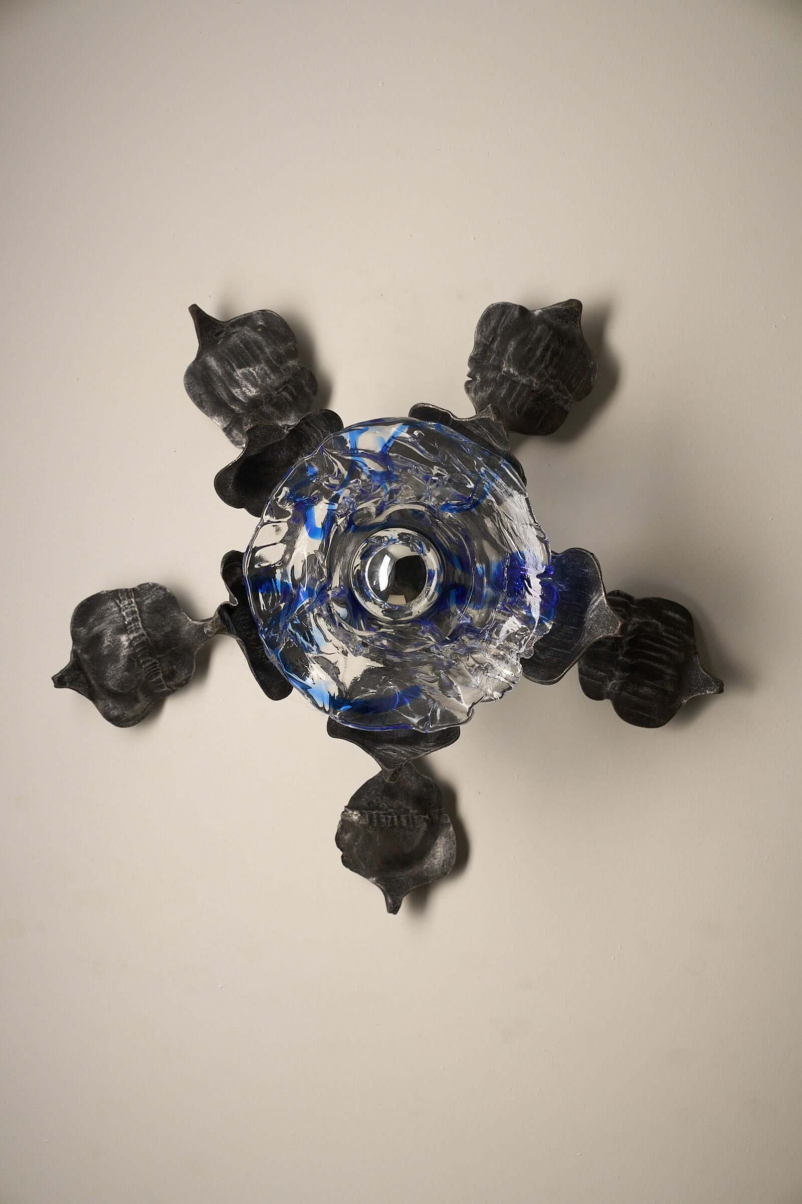 Brutalist Wall Sconce Cast Iron and Murano Glass by Ahlstrom & Ehrlich with blue Murano diffuser and organic iron design.