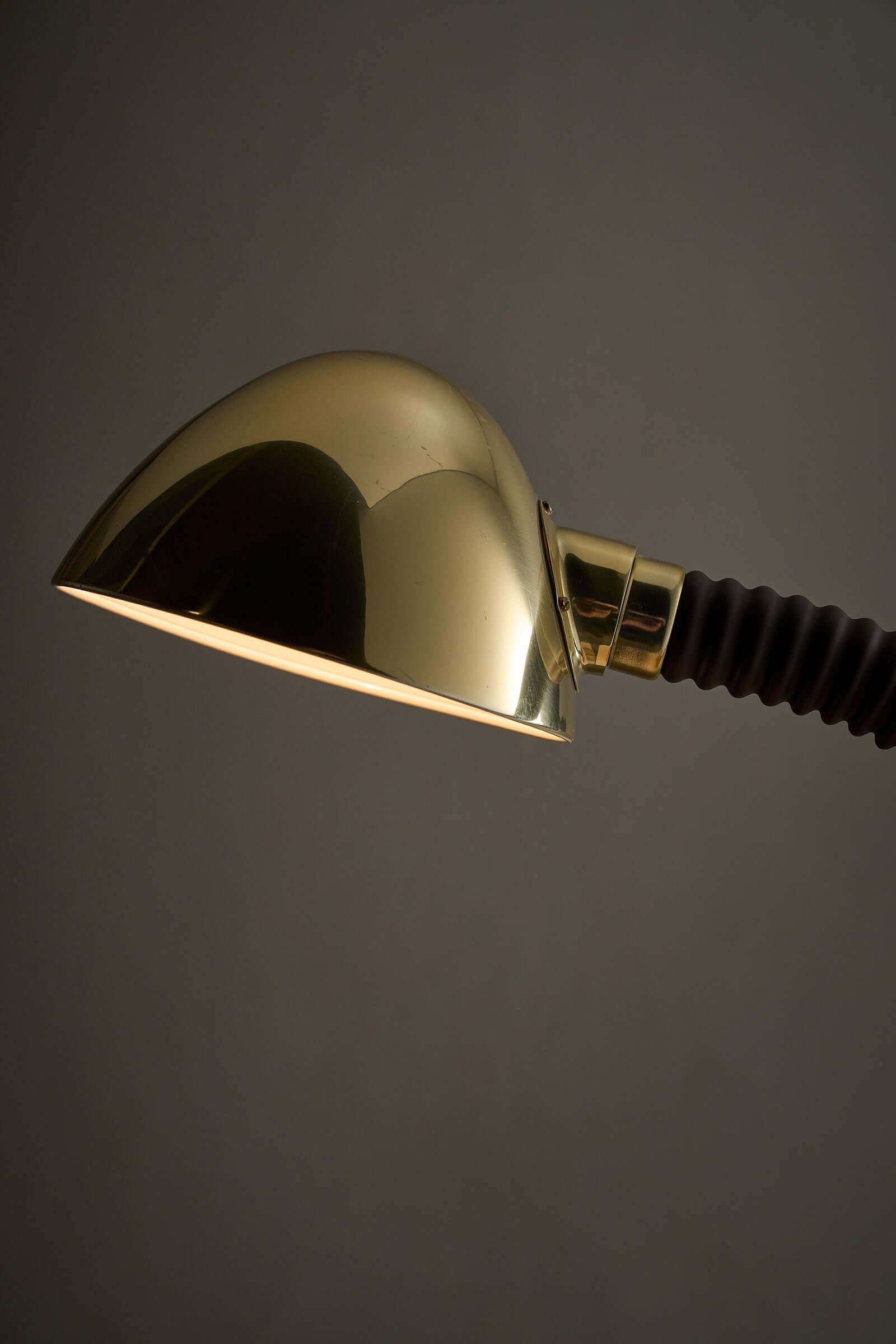 Brass And Brown Gooseneck Desk Lamp Model 7656 By Cosack, showcasing polished brass and ribbed dark brown gooseneck.
