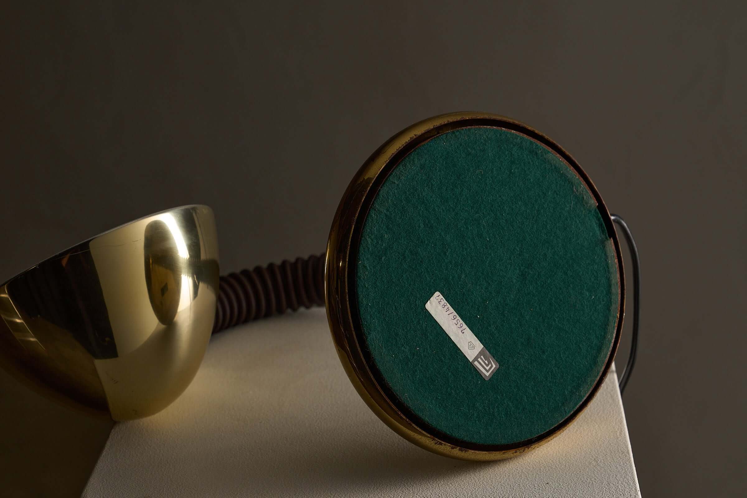 Brass And Brown Gooseneck Desk Lamp Model 7656 By Cosack base and shade detail on a table