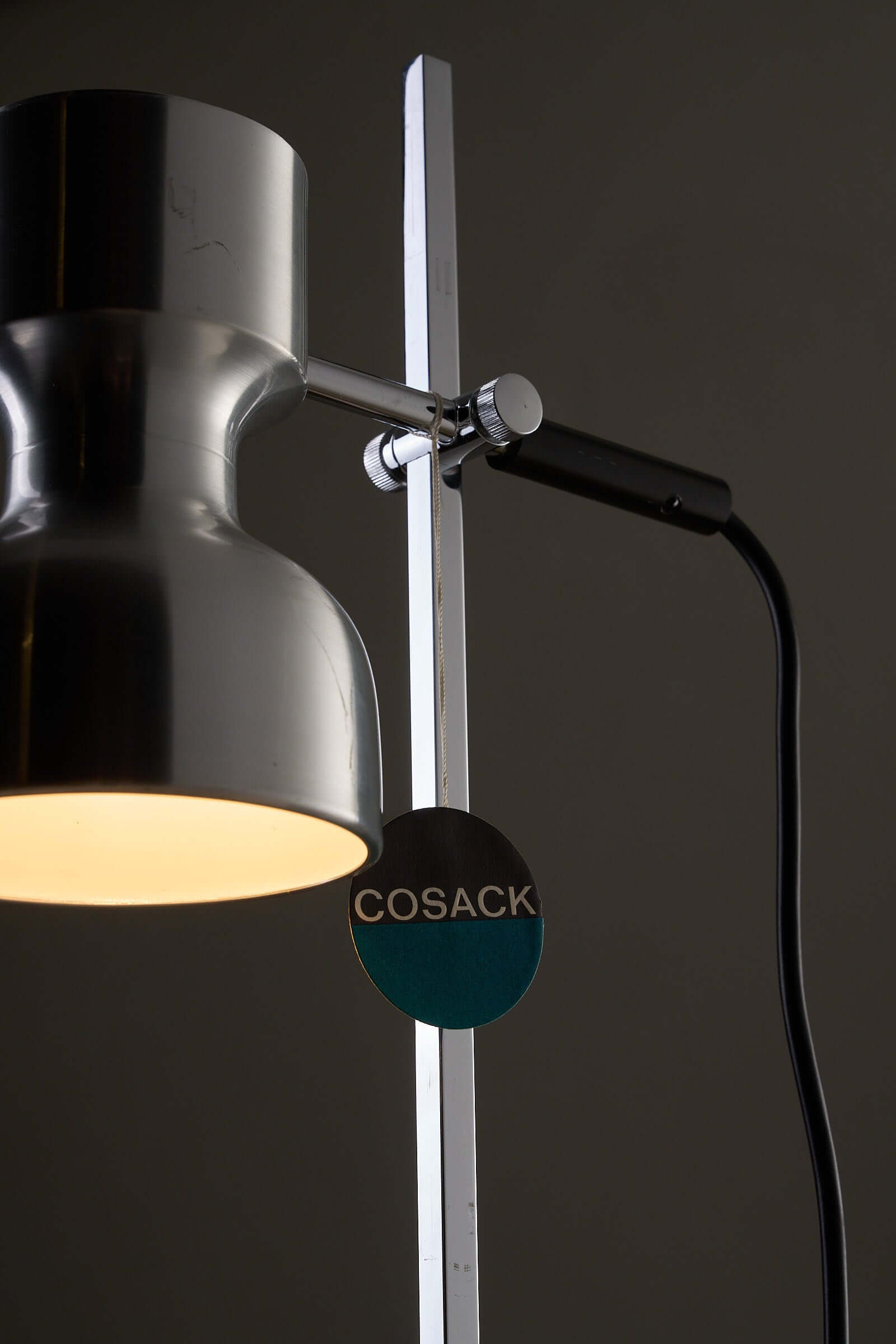 Desk Lamp Cosack Diabolo Shade in Aluminium showcasing its modern design and brushed aluminium finish.