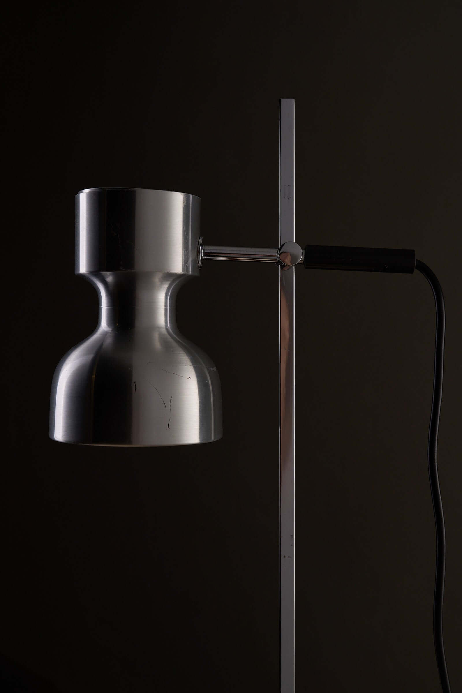 Desk Lamp Cosack Diabolo Shade in Aluminium with brushed steel finish and adjustable shade for focused lighting.