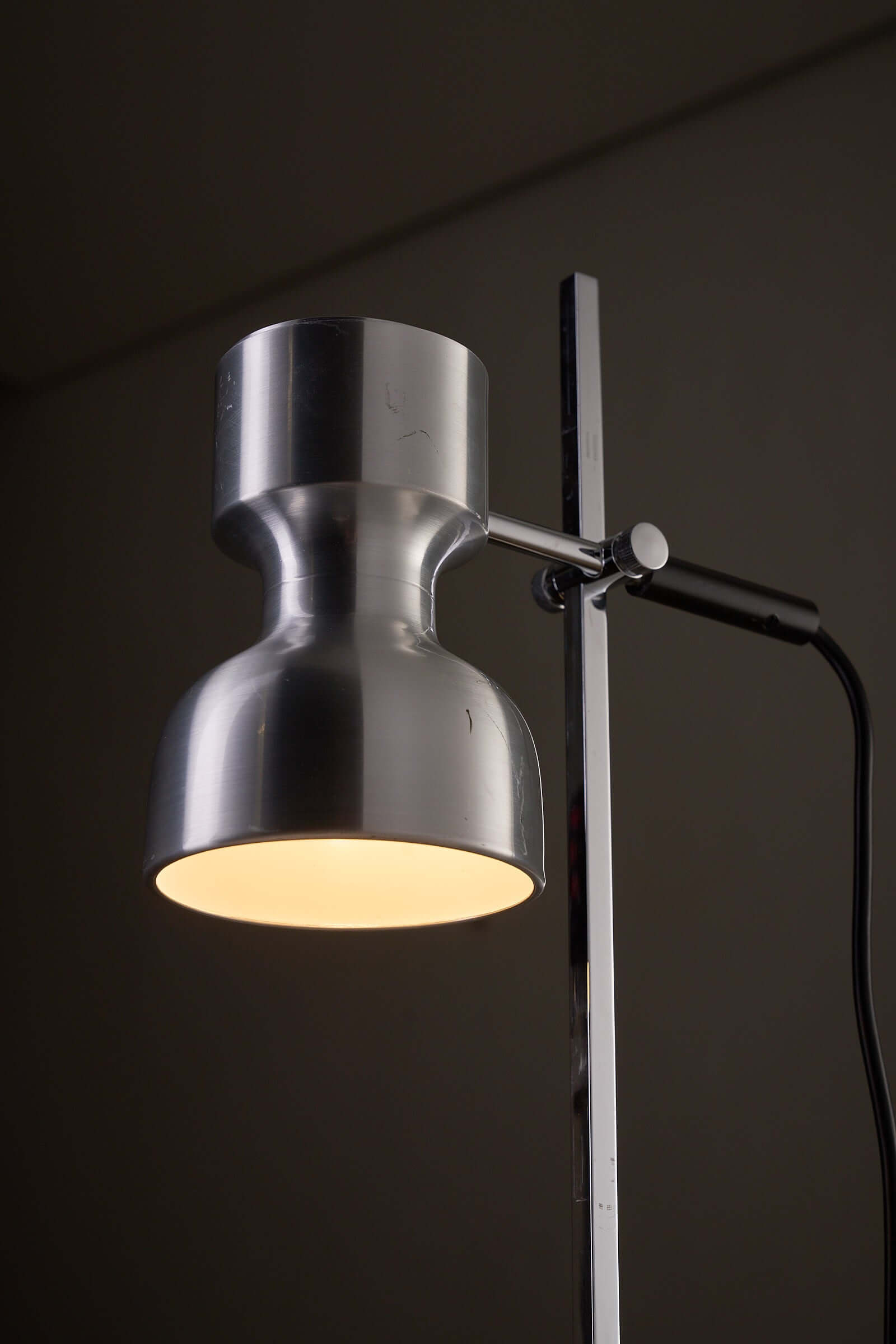 Desk Lamp Cosack Diabolo Shade in Aluminium with brushed aluminium shade and chromed steel structure.