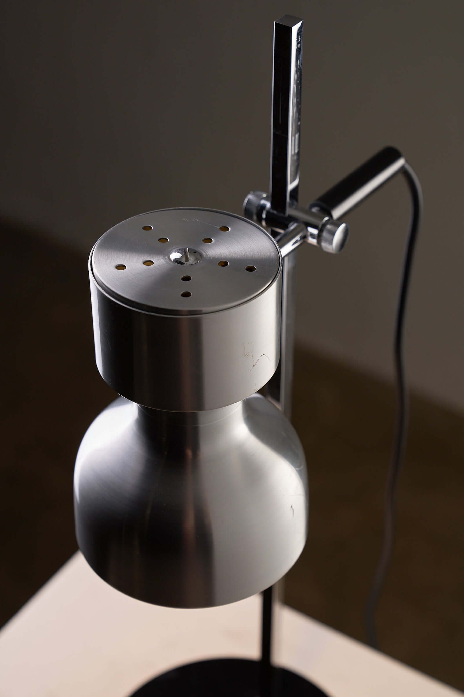 Desk Lamp Cosack Diabolo Shade in Aluminium with brushed aluminium diabolo shade and chromed steel base.