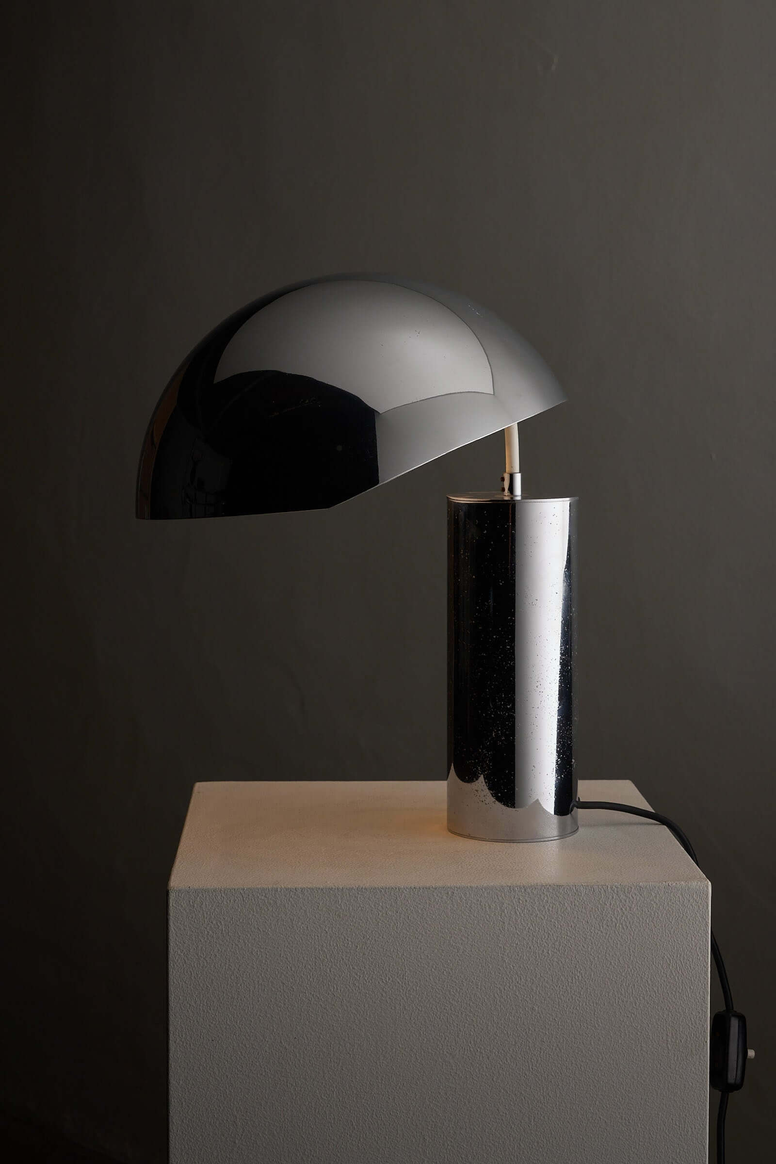 Large Chrome Table Lamp by Cosack on a pedestal with a hemispherical shade and cylindrical base.