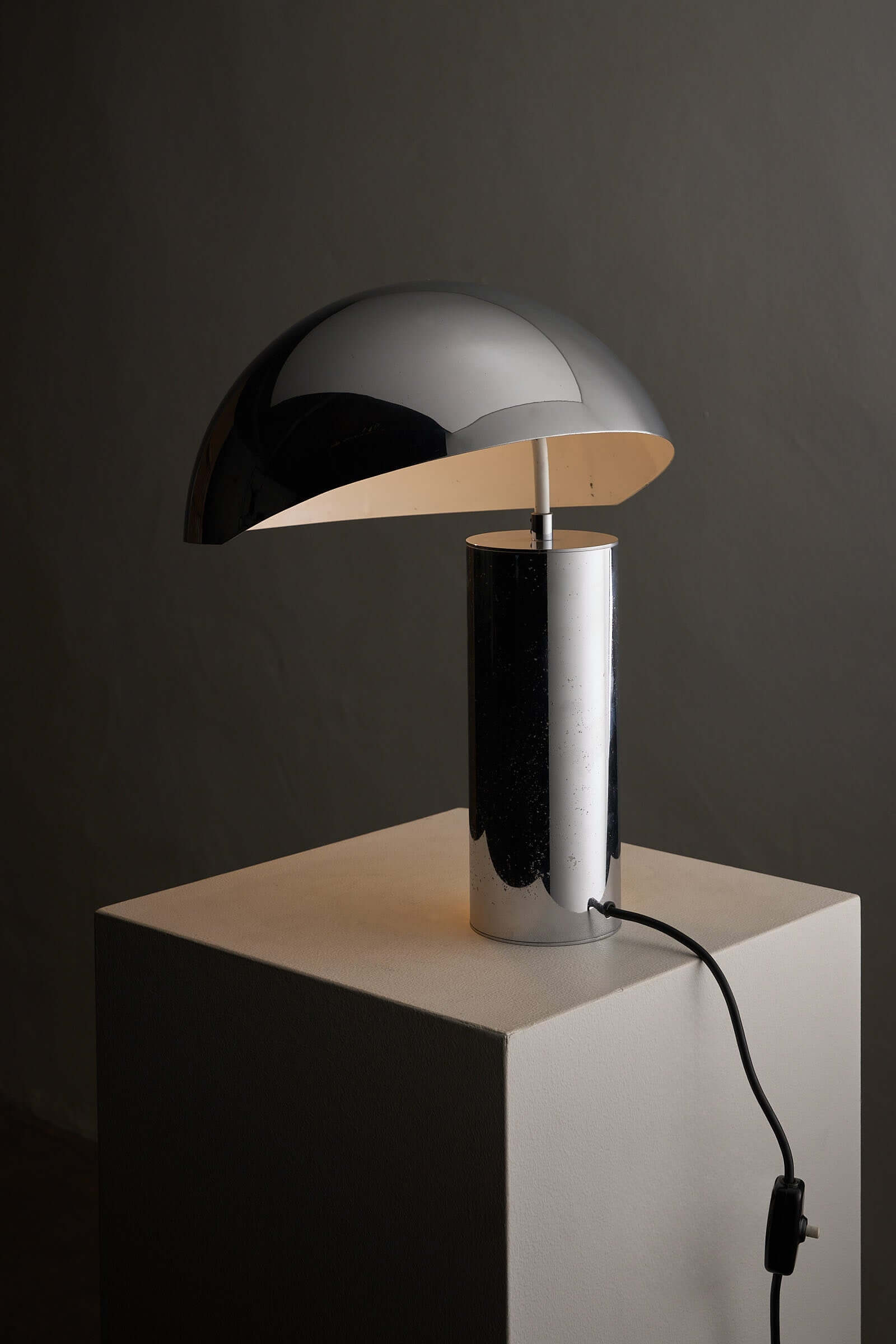 Large Chrome Table Lamp by Cosack on a pedestal, featuring a reflective hemispherical shade and cylindrical base.