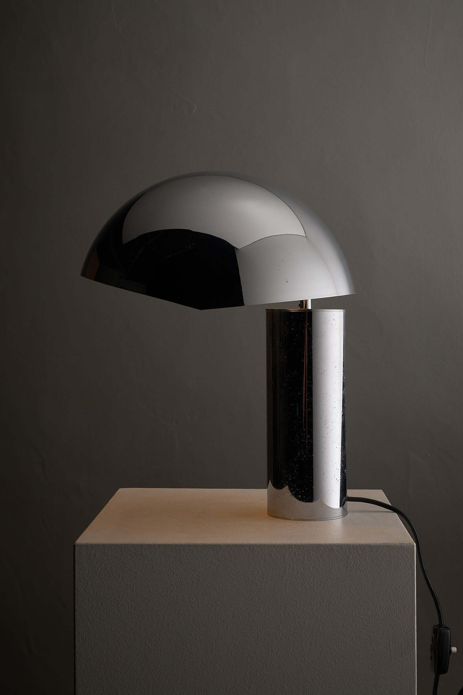 Large Chrome Table Lamp by Cosack showcasing sleek design and reflective surfaces on a modern pedestal.