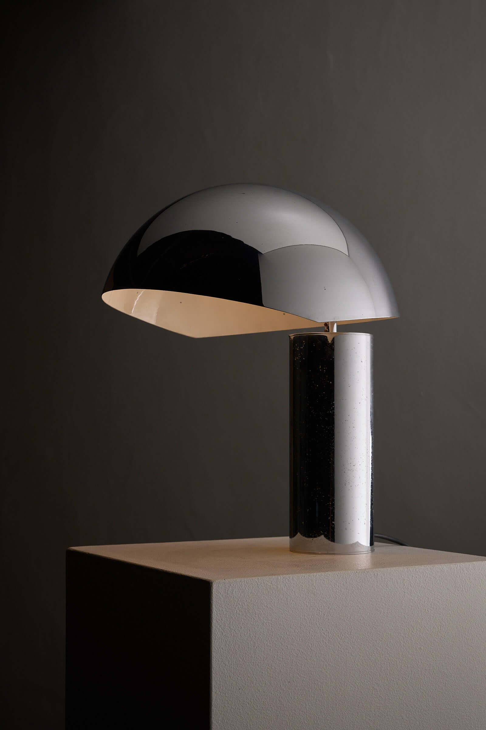 Large Chrome Table Lamp by Cosack showcasing a chrome-plated hemispherical shade and cylindrical base.