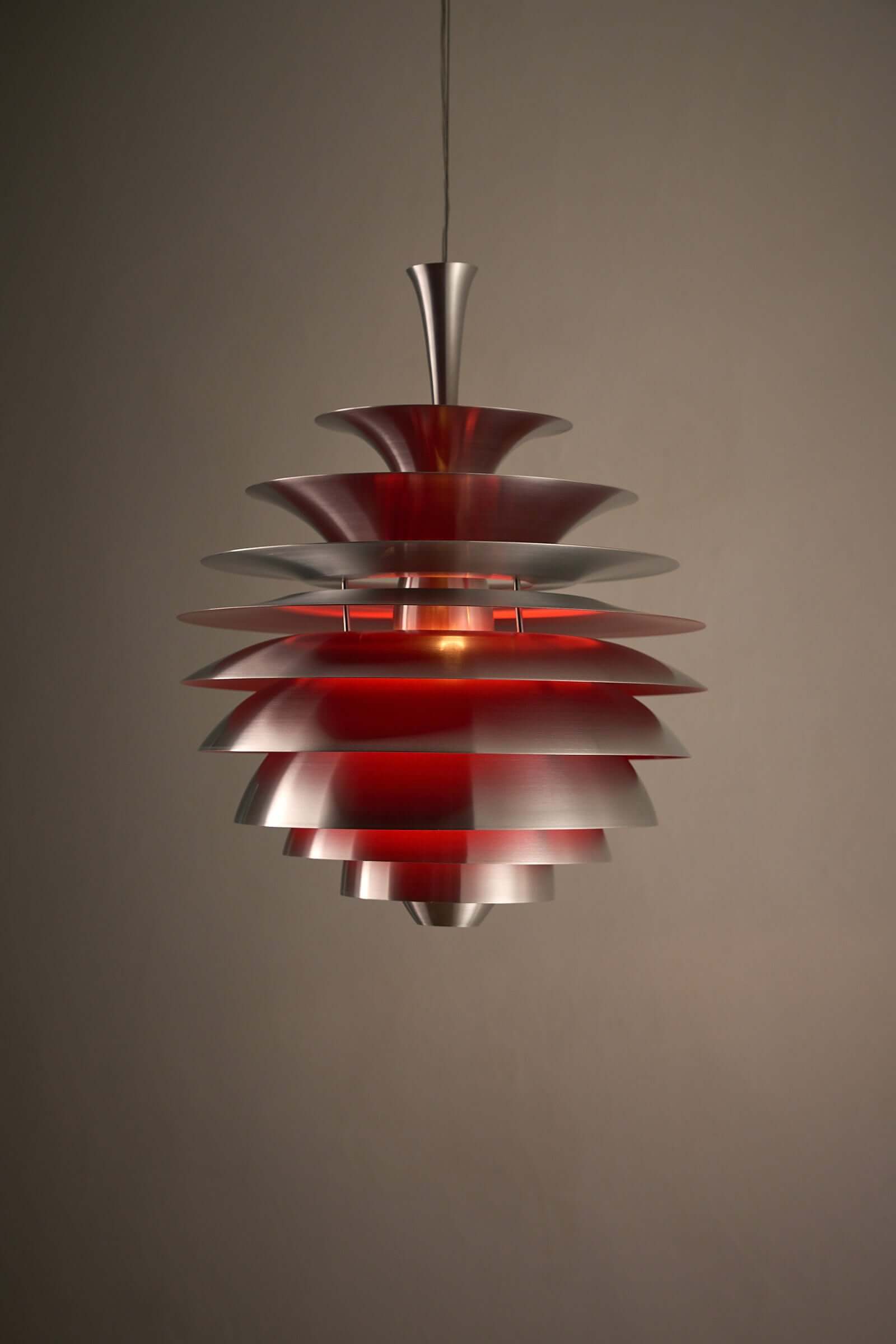 Retro Layered Aluminum Pendant Light showcasing a vibrant red interior and tiered brushed aluminum design.