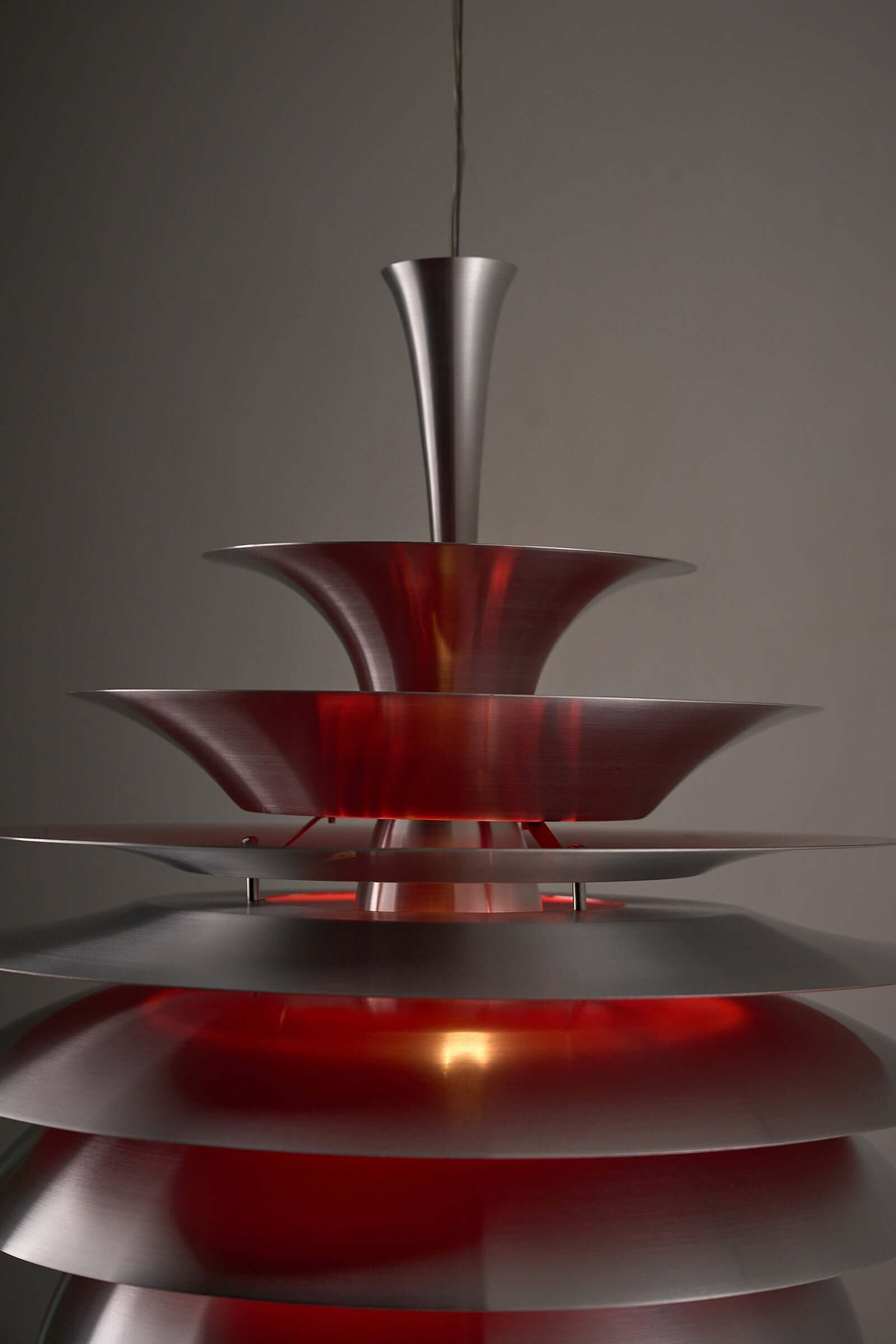 Retro Layered Aluminum Pendant Light showcasing a tiered design with red interior and brushed aluminum finishes.