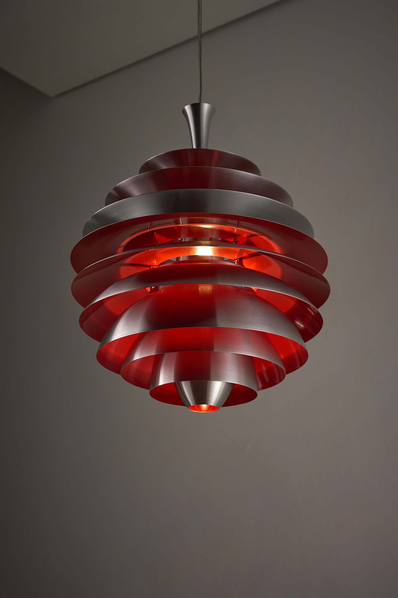 Retro Layered Aluminum Pendant Light showcasing a vibrant red interior and tiered brushed aluminum design.