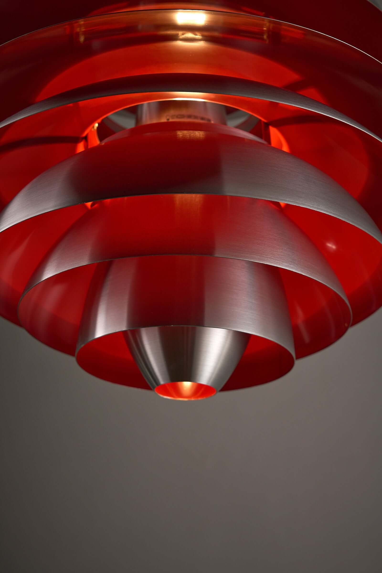 Retro Layered Aluminum Pendant Light featuring tiered brushed aluminum louvres and vibrant red interior.