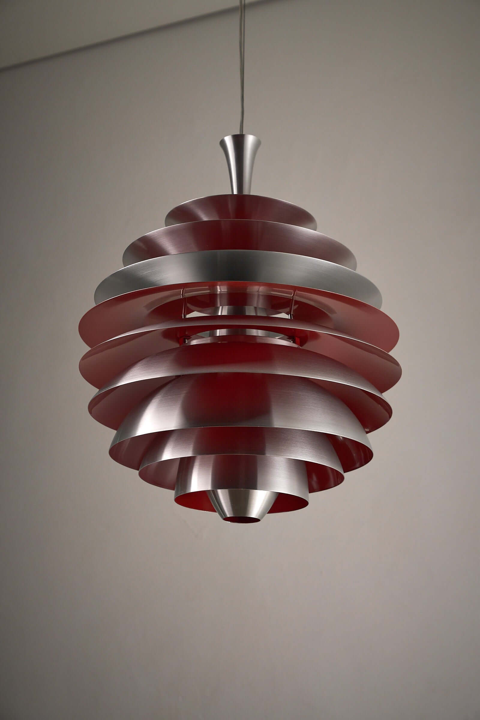 Retro Layered Aluminum Pendant Light featuring a tiered design with a red interior and brushed aluminum finish.