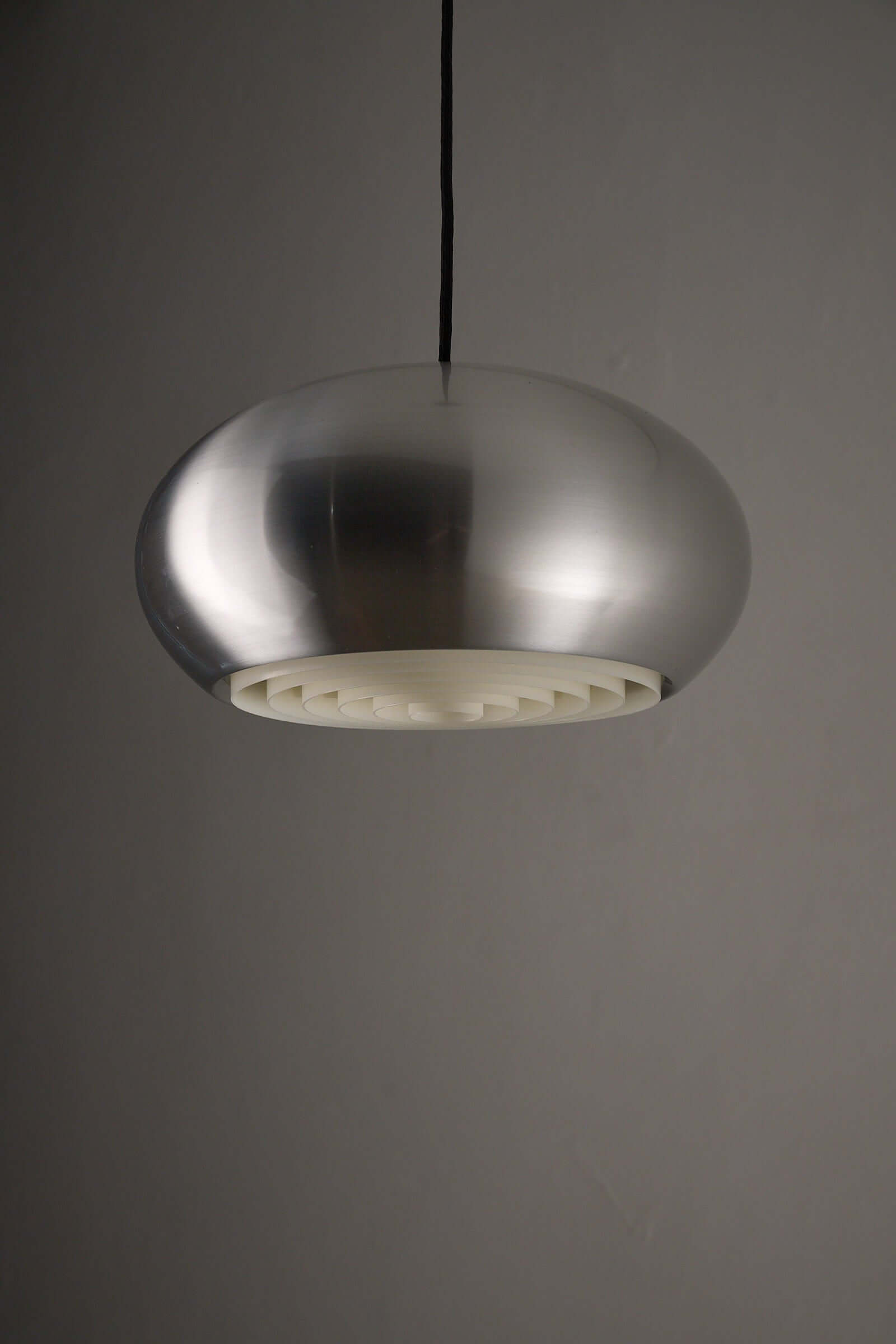 Fog & Mørup 'Medio' Aluminum Pendant by Jo Hammerborg featuring a brushed aluminum dome and heat-dissipating design.