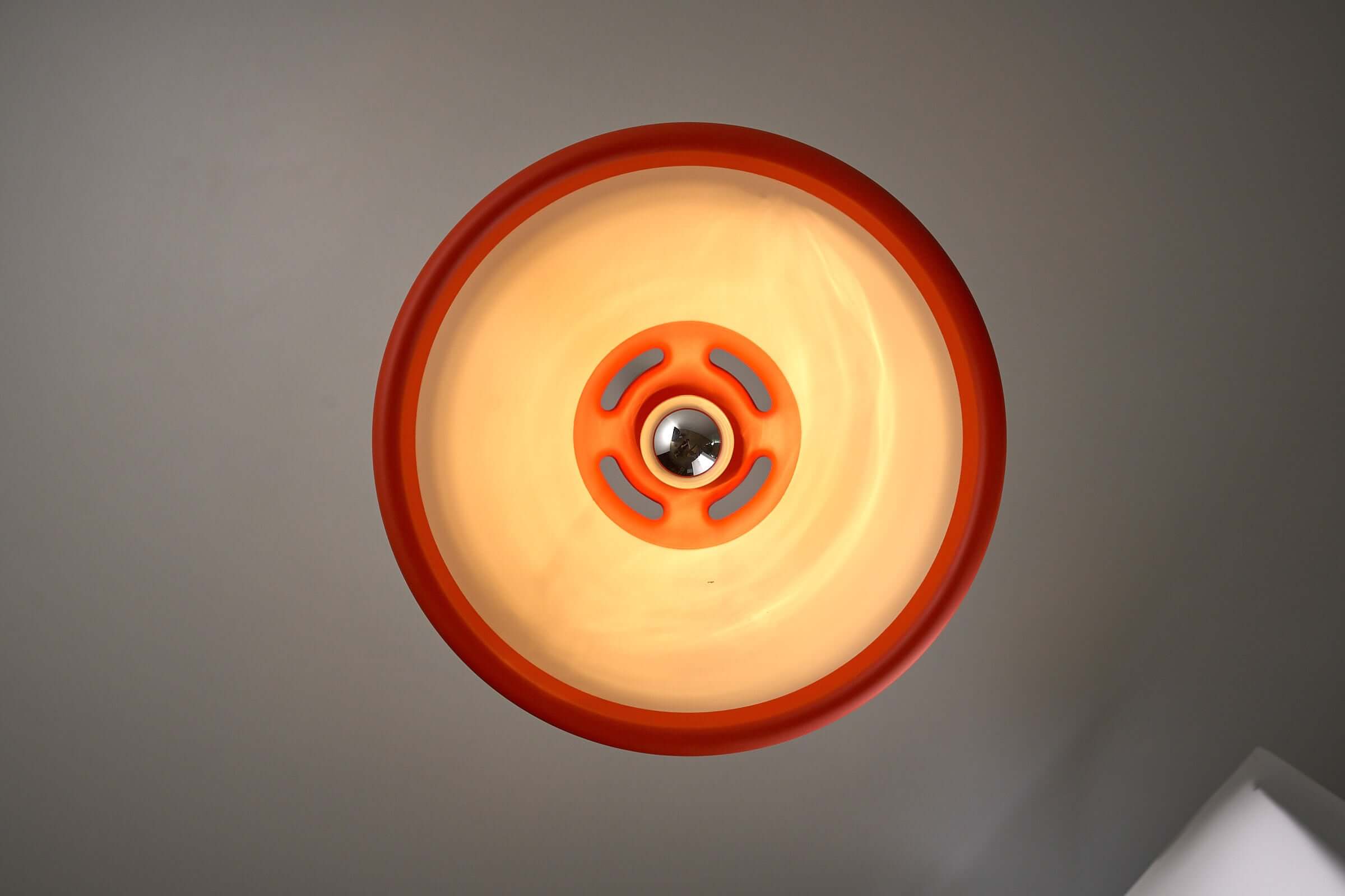 Orange Space Age Data Pendant by Bjarne Bo for Fog & Morup, 1970s viewed from below showing vibrant colors and design.