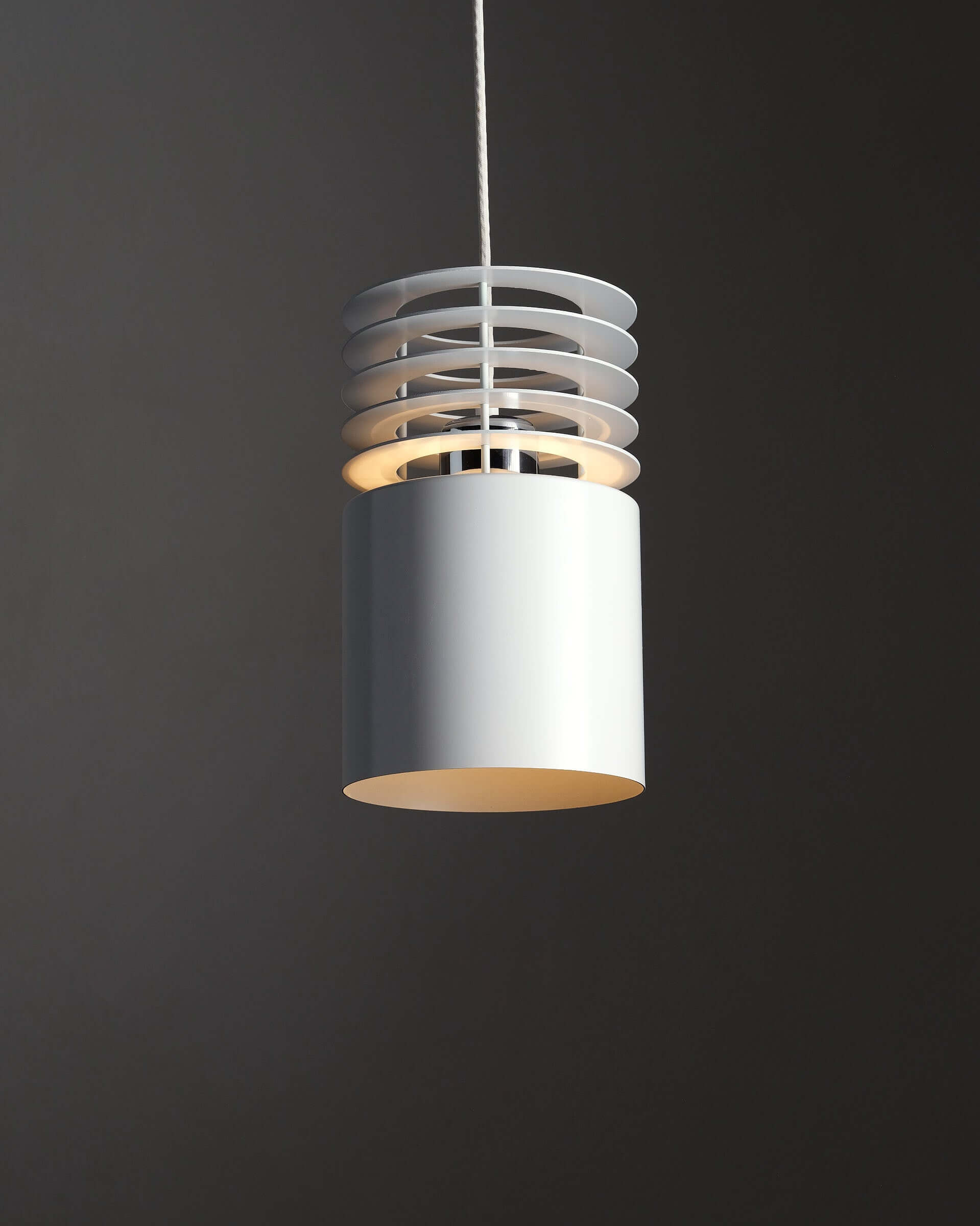 Jo Hammerborg 'Hydra I' Pendant Light for Fog & Mørup (NOS) with white cylindrical body and stacked rings.