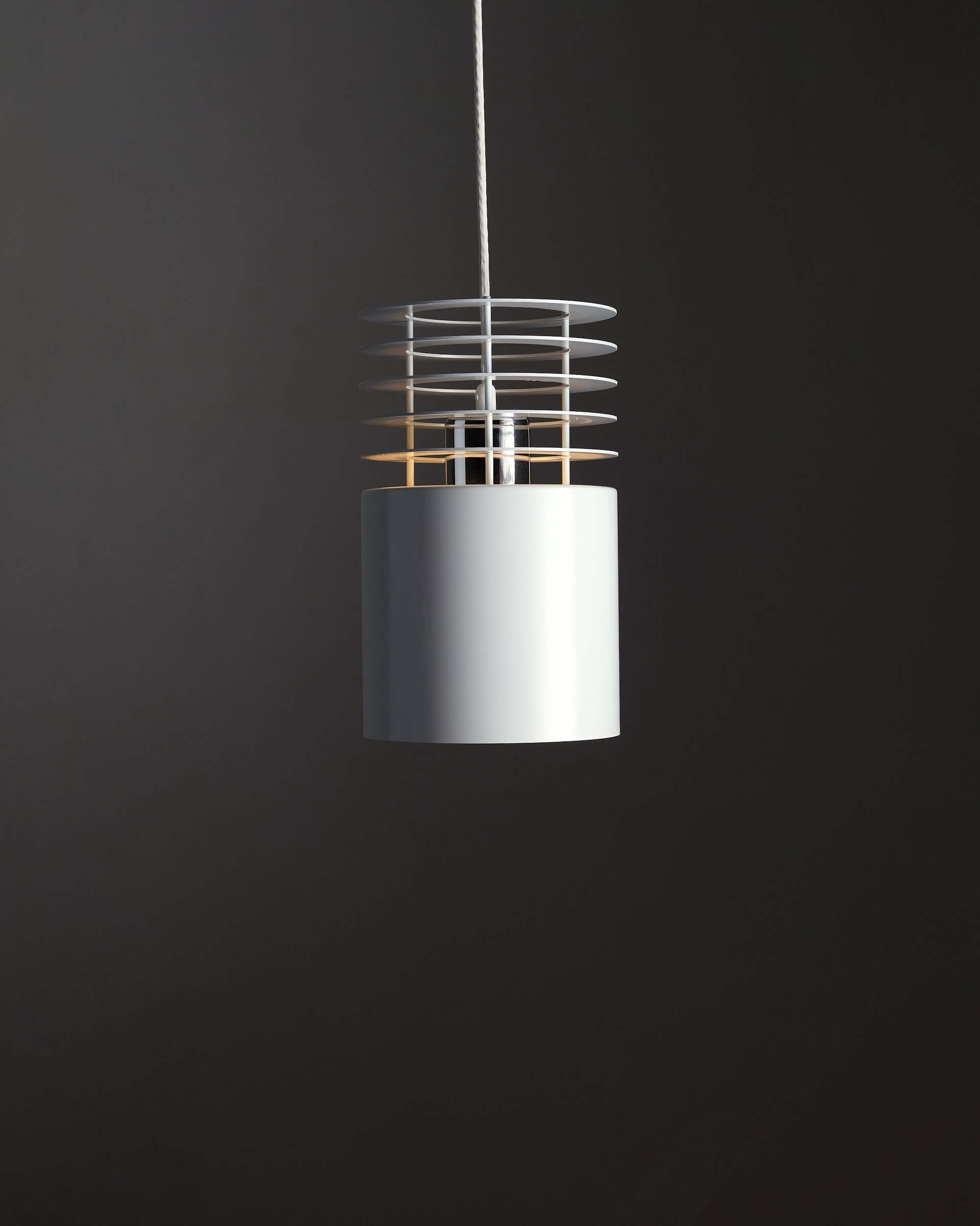 Jo Hammerborg 'Hydra I' Pendant Light for Fog & Mørup (NOS) featuring a white cylindrical body and concentric rings.