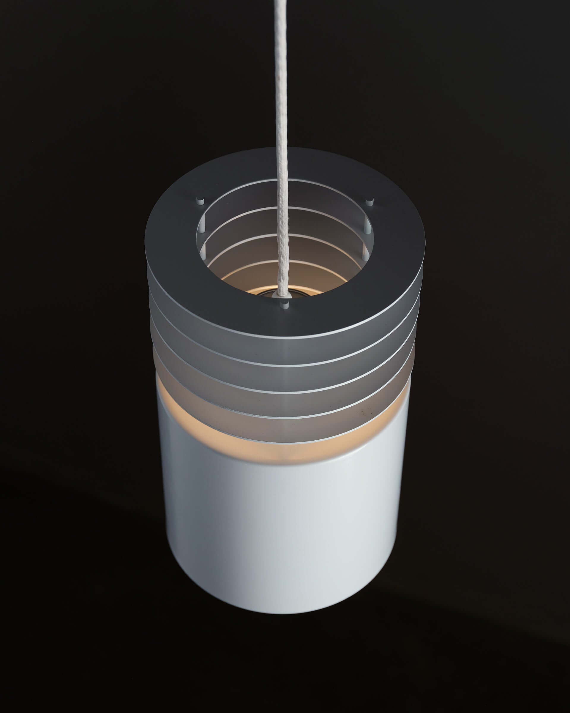Jo Hammerborg 'Hydra I' Pendant Light for Fog & Mørup (NOS) showcasing its sleek cylindrical design and concentric rings.