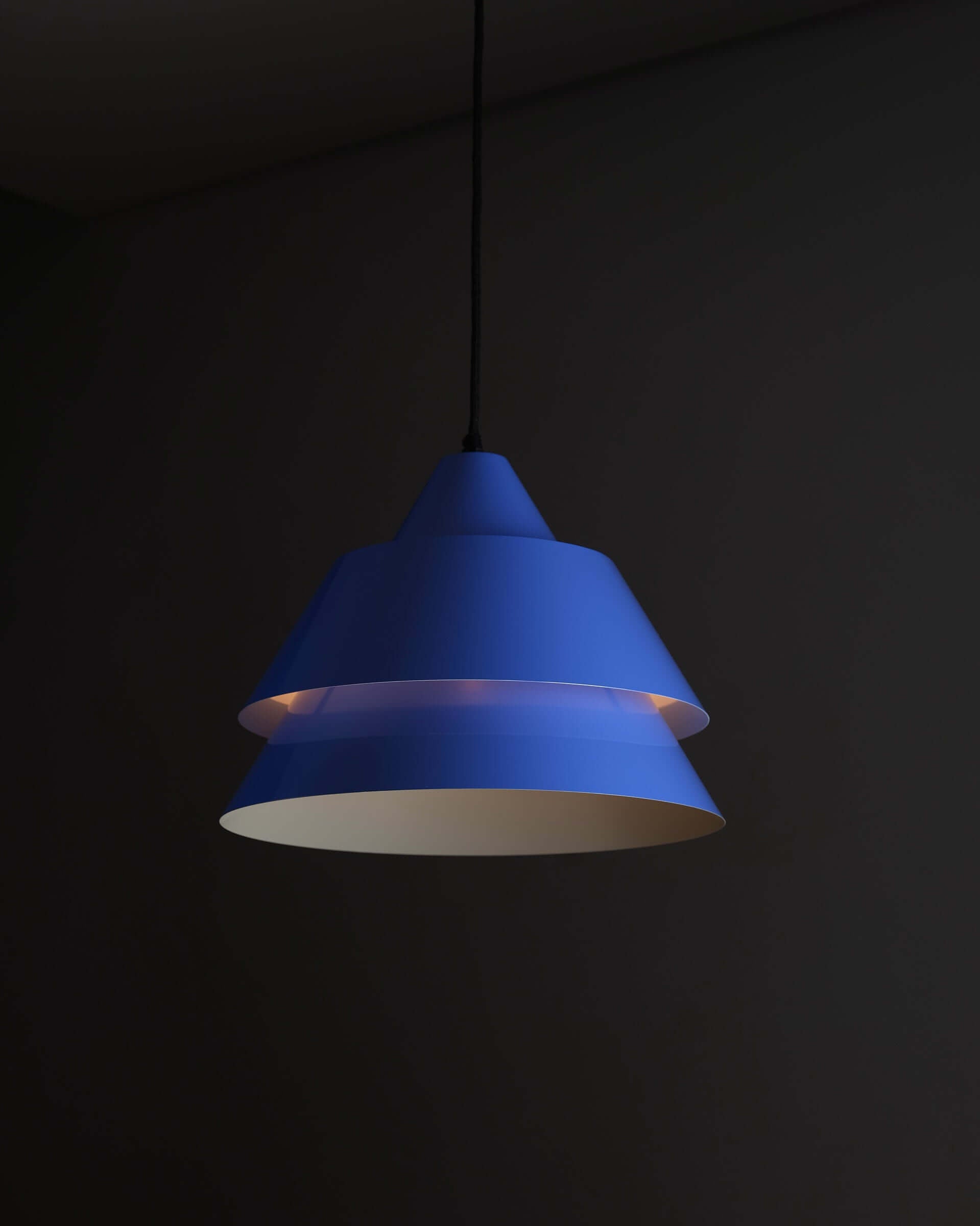 Jo Hammerborg 'Zone' Pendant Light for Fog & Mørup (NOS) with blue conical shades and white interior.