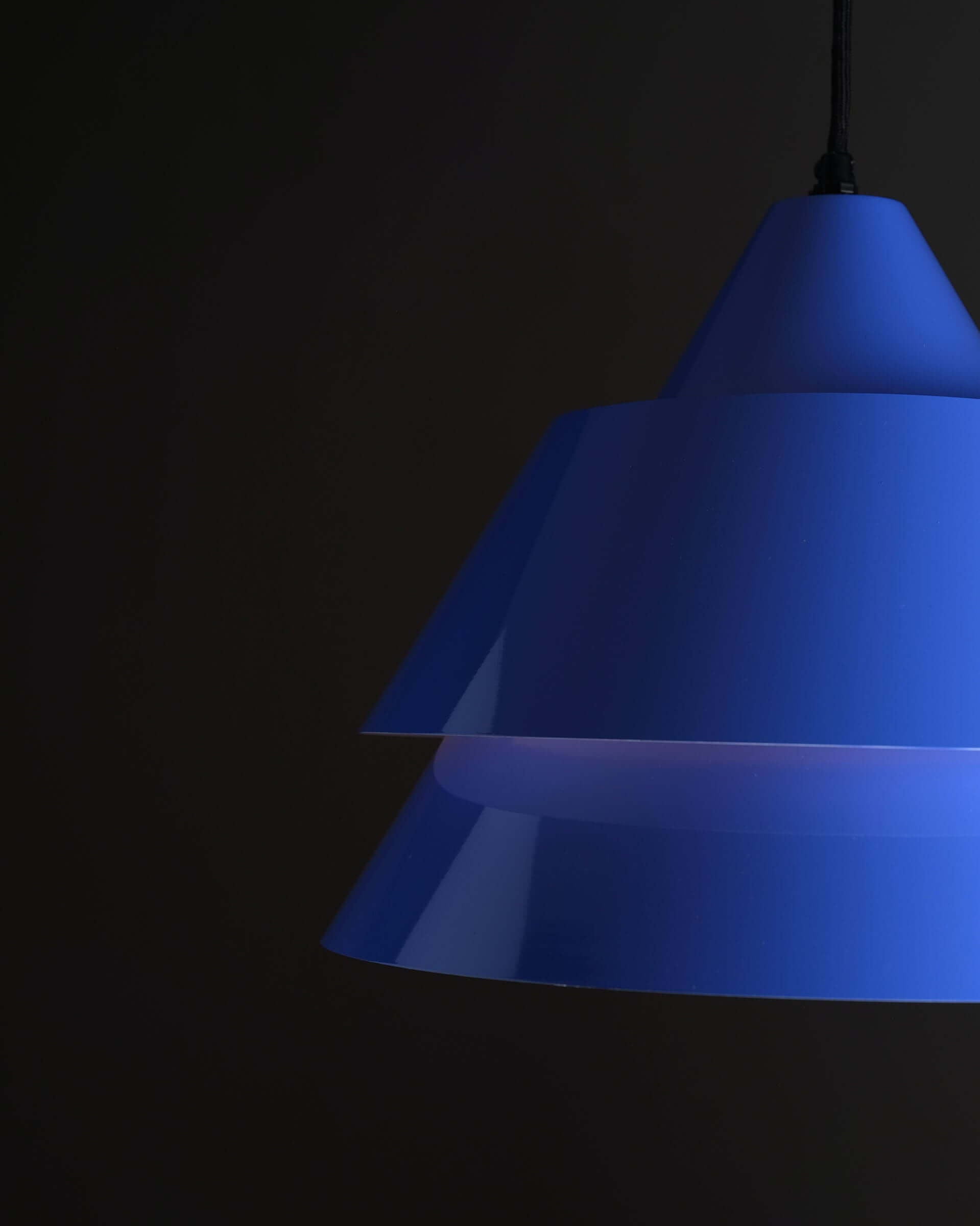 Jo Hammerborg 'Zone' Pendant Light for Fog & Mørup (NOS) in vibrant blue with geometric conical shades.