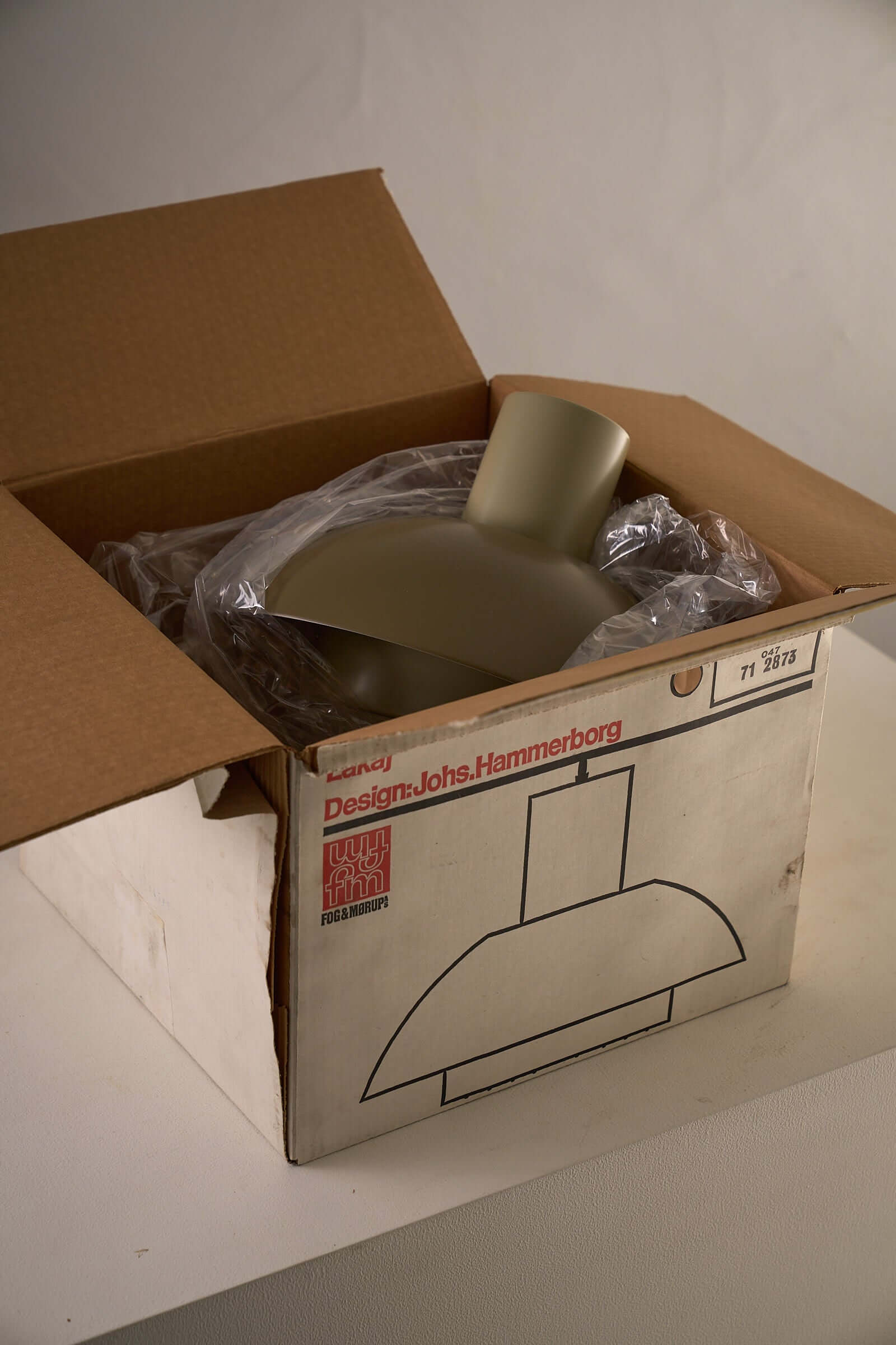 Jo Hammerborg 'Lakaj' Pendant Light (NOS) in original packaging with a cylindrical neck and domed shade.