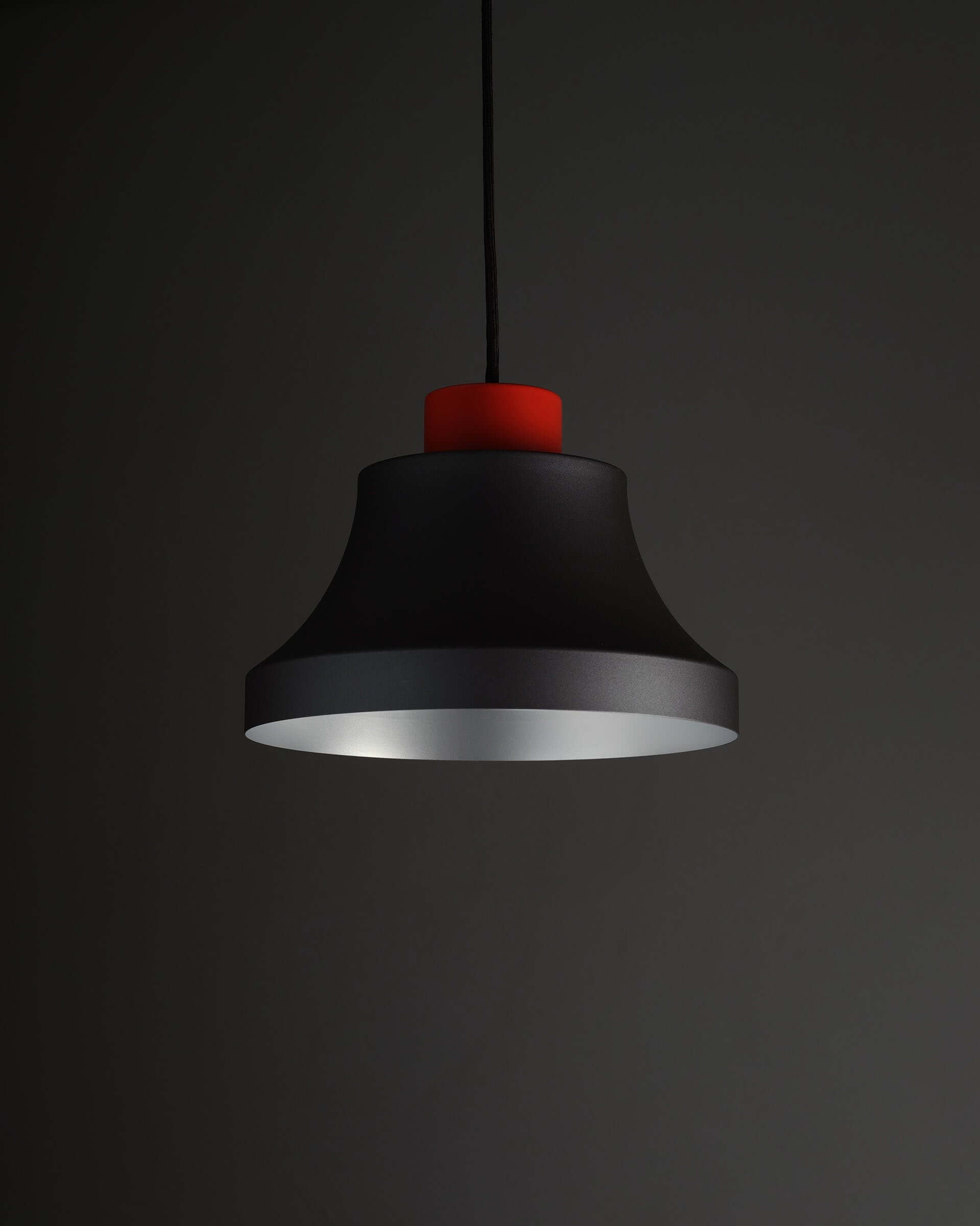Jo Hammerborg 'Cinderella' Pendant Light in Black and Red (NOS) featuring a bell-curved silhouette with vibrant red top.